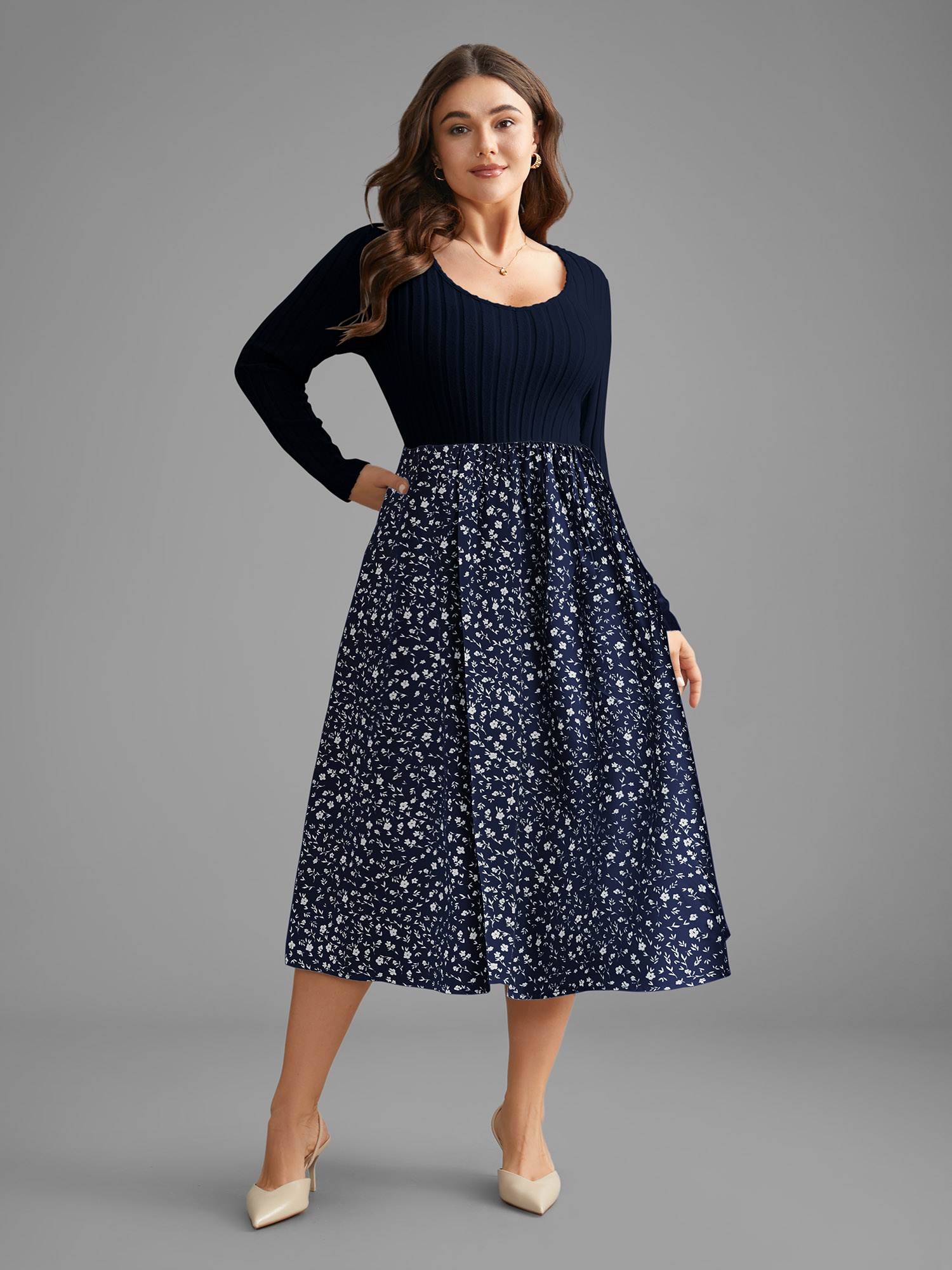 

Plus Size Ditsy Floral Patchwork Texture Midi Dress Indigo Women Elegant Texture V-neck Long Sleeve Curvy BloomChic