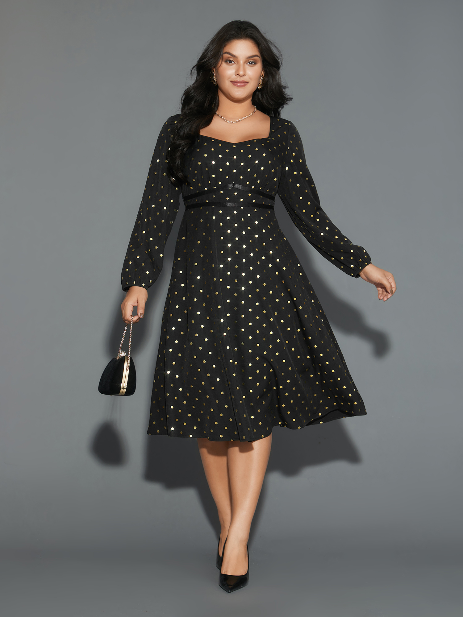 

Plus Size Glitter Polka Dot Heart Neckline Dress Black Women Cocktail Woven ribbon&lace trim Party Curvy Bloomchic