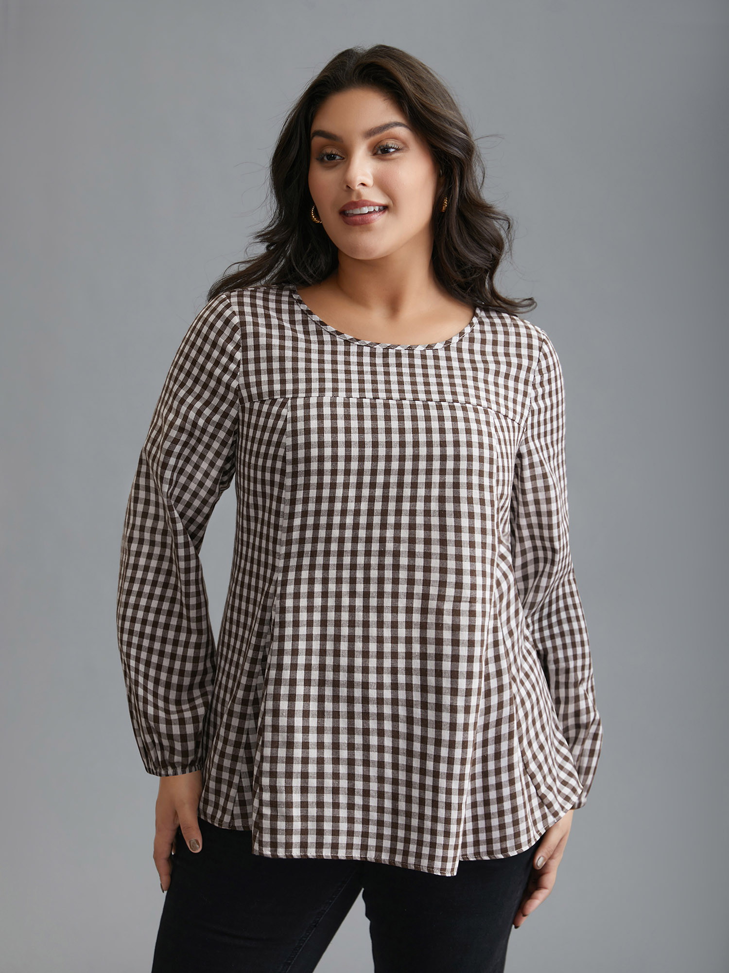 

Plus Size DarkBrown Gingham Elastic Cuff Round Neck Shirt Women Elegant Long Sleeve Round Neck Everyday Blouses BloomChic