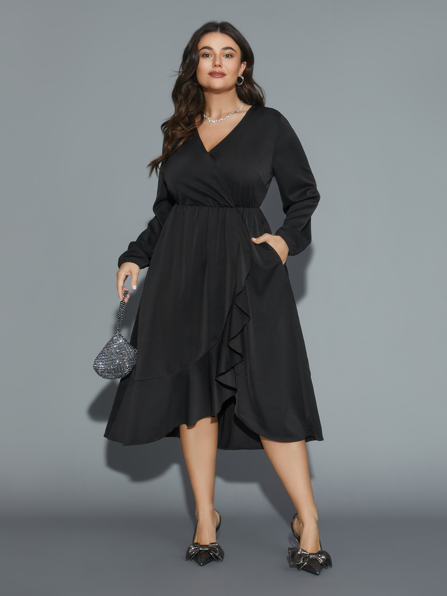 

Plus Size Plain Overlap Collar Ruffle Trim Dress Black Women Elegant Overlapping Overlap Collar Long Sleeve Curvy BloomChic