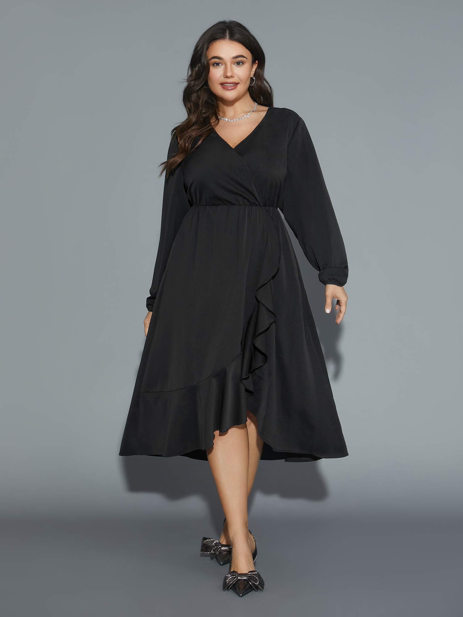 

Plus Size Plain Overlap Collar Ruffle Trim Dress Black Women Elegant Overlapping Overlap Collar Long Sleeve Curvy BloomChic