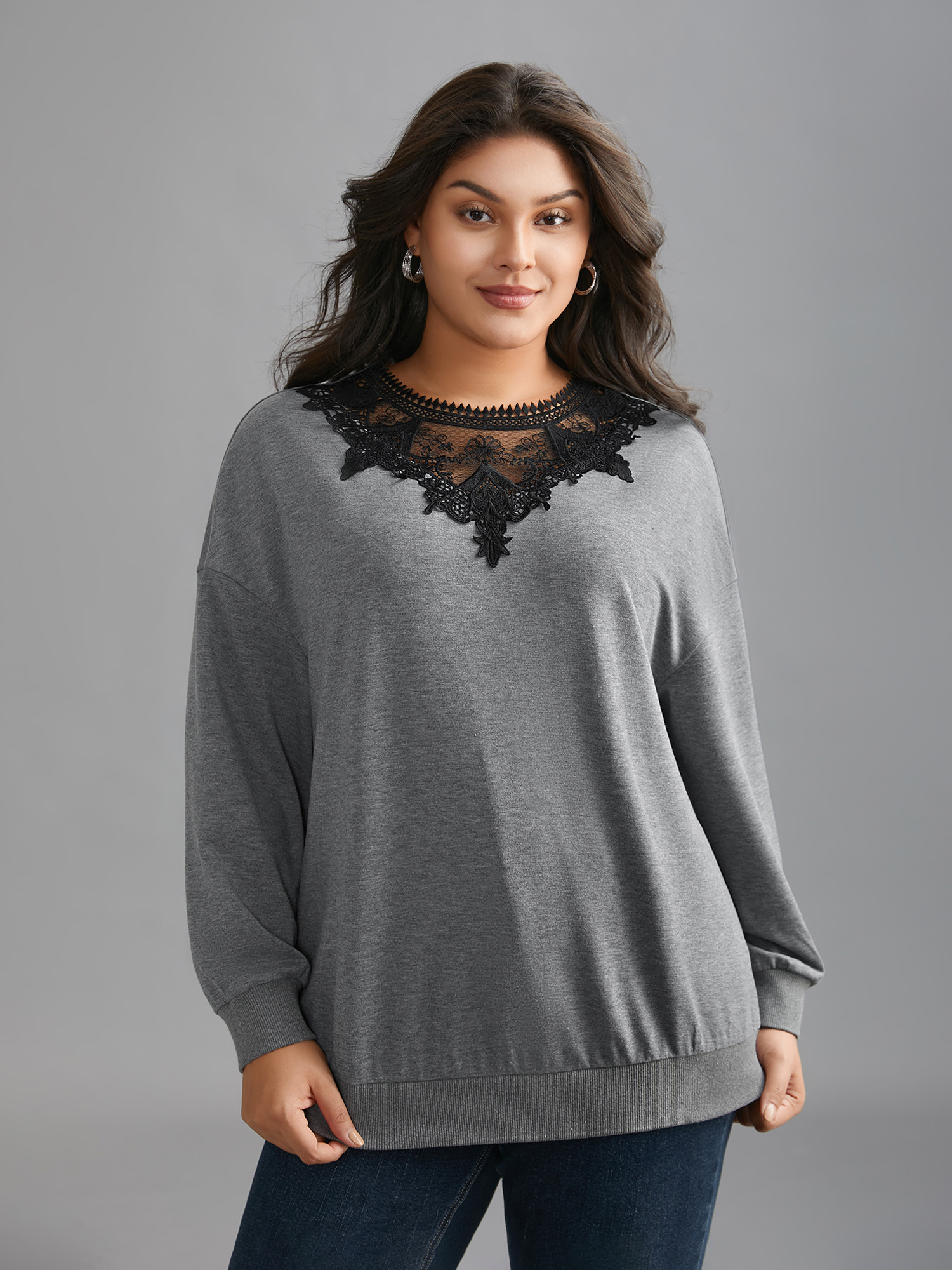 

Plus Size Lace Panel Round Neck Contrast Sweatshirt Women DarkGray Elegant Woven ribbon&lace trim Round Neck Everyday Sweatshirts BloomChic