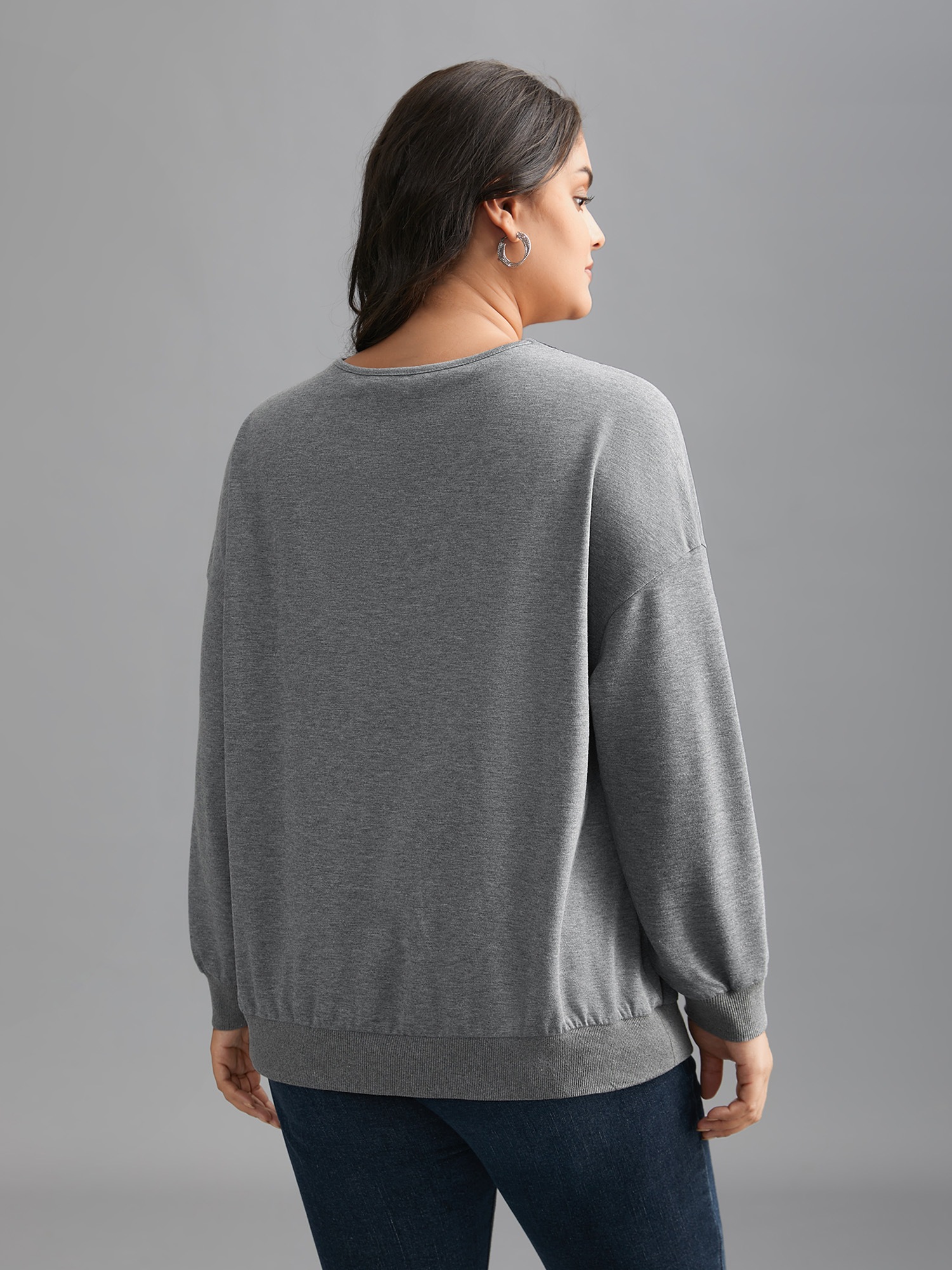 Plus Size Lace Panel Round Neck Contrast Sweatshirt Women DarkGray Elegant Woven ribbon&lace trim Round Neck Everyday Sweatshirts BloomChic 28/5X 