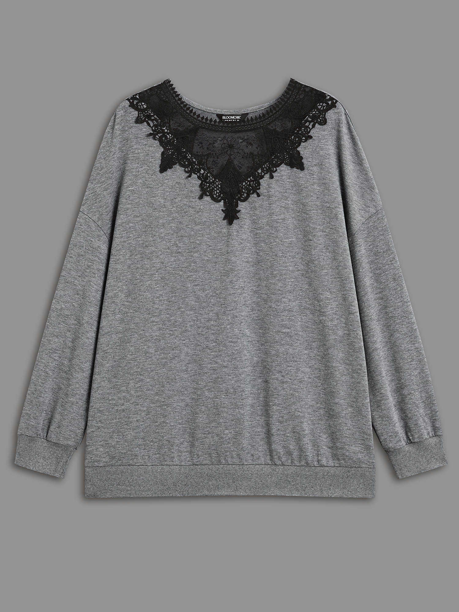 Plus Size Lace Panel Round Neck Contrast Sweatshirt Women DarkGray Elegant Woven ribbon&lace trim Round Neck Everyday Sweatshirts BloomChic 28/5X 