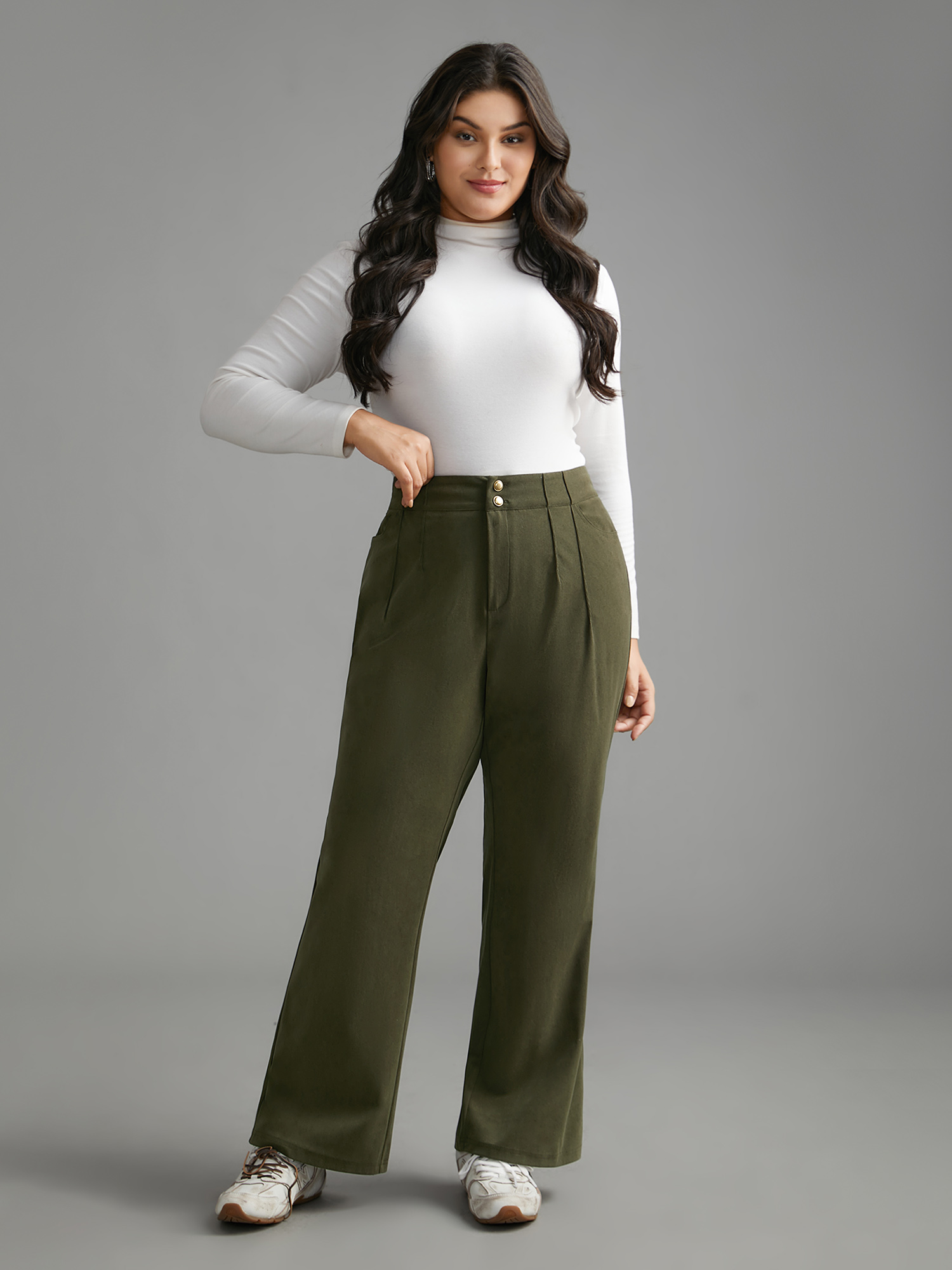 Plus Size Mid Rise Double Breasted Pleated Bootcut Pants Women ArmyGreen Elegant Bootcut Mid Rise Everyday Pants BloomChic 28/5X 