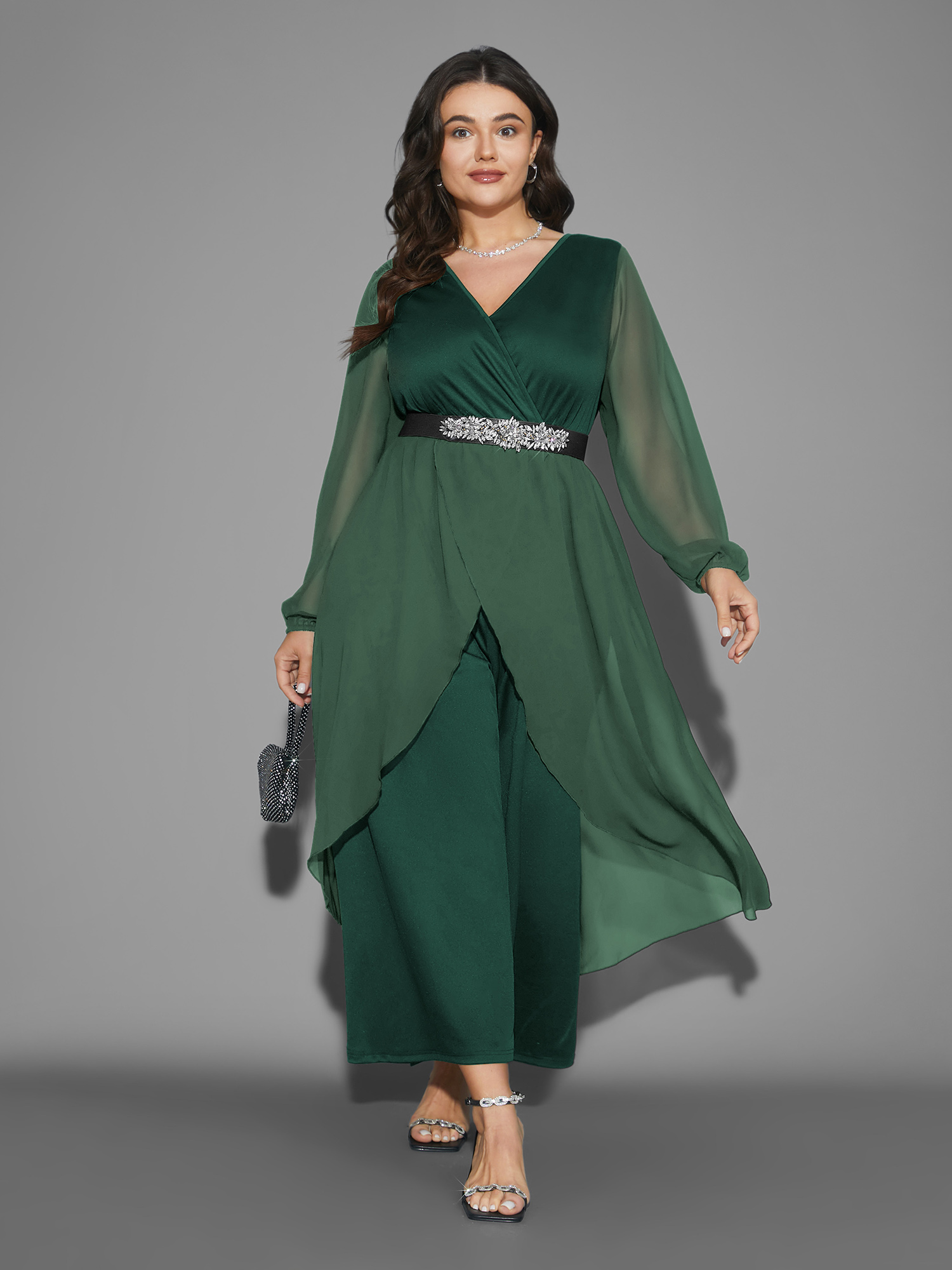 

Plus Size Truegreen Chiffon Mesh Overlap Collar Gathered Jumpsuit Women Cocktail Long Sleeve Overlap Collar Party Loose Jumpsuits BloomChic