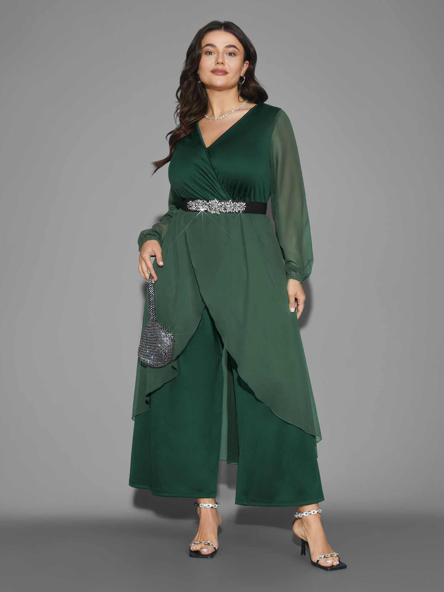 

Plus Size Truegreen Chiffon Mesh Overlap Collar Gathered Jumpsuit Women Cocktail Long Sleeve Overlap Collar Party Loose Jumpsuits BloomChic