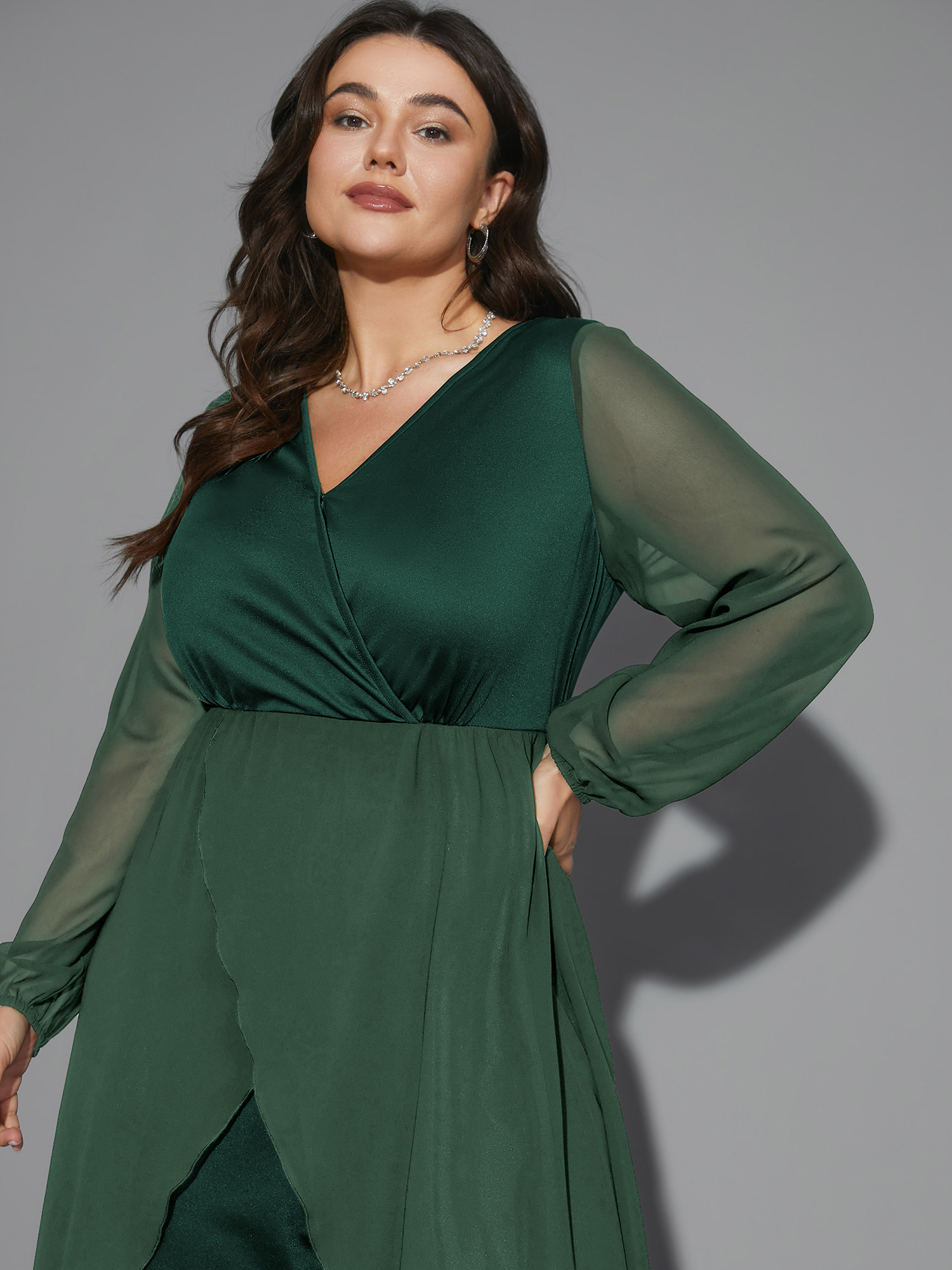 Plus Size Truegreen Chiffon Mesh Overlap Collar Gathered Jumpsuit Women Cocktail Long Sleeve Overlap Collar Party Loose Jumpsuits BloomChic 12/L 