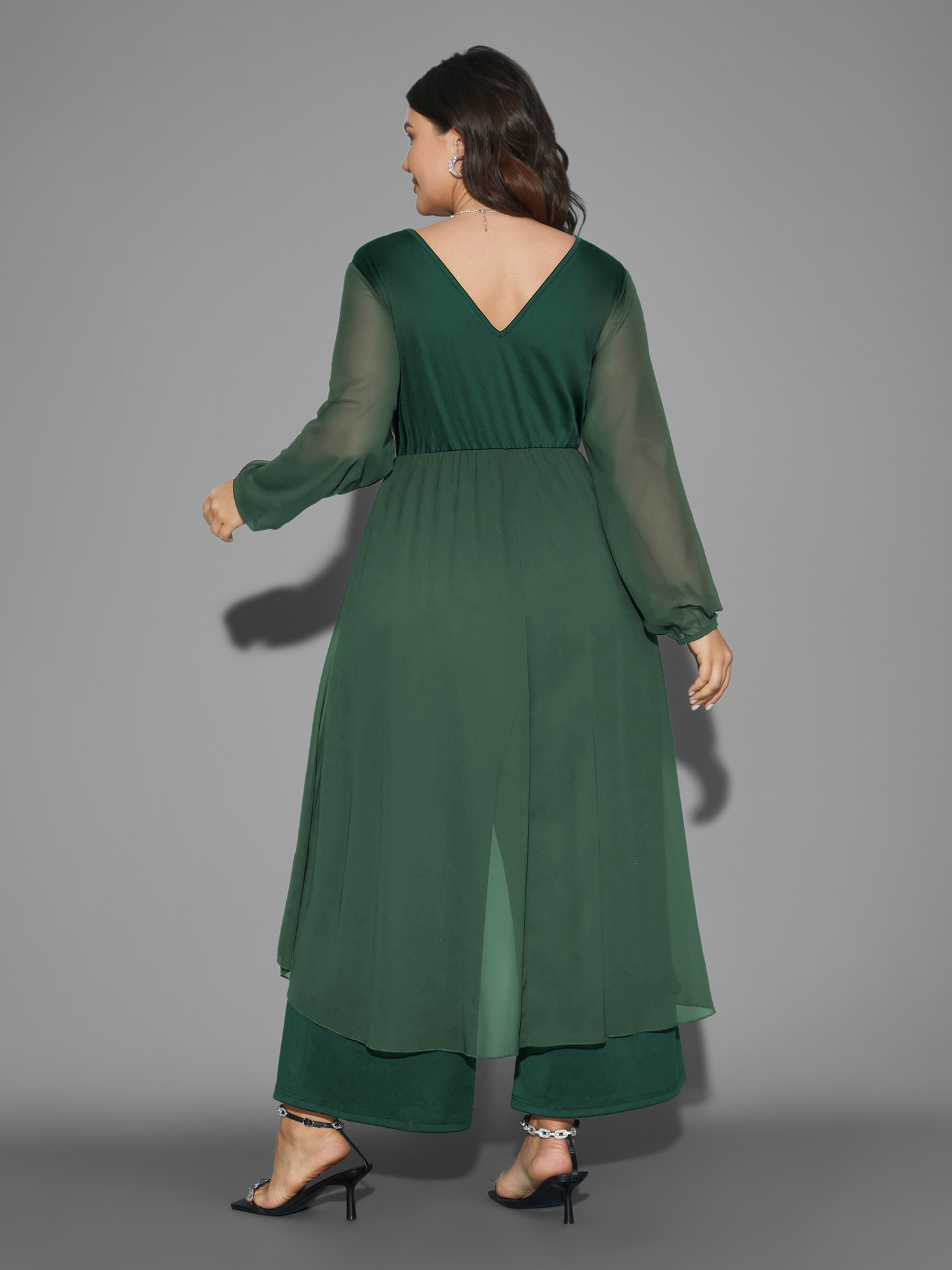 Plus Size Truegreen Chiffon Mesh Overlap Collar Gathered Jumpsuit Women Cocktail Long Sleeve Overlap Collar Party Loose Jumpsuits BloomChic 12/L 