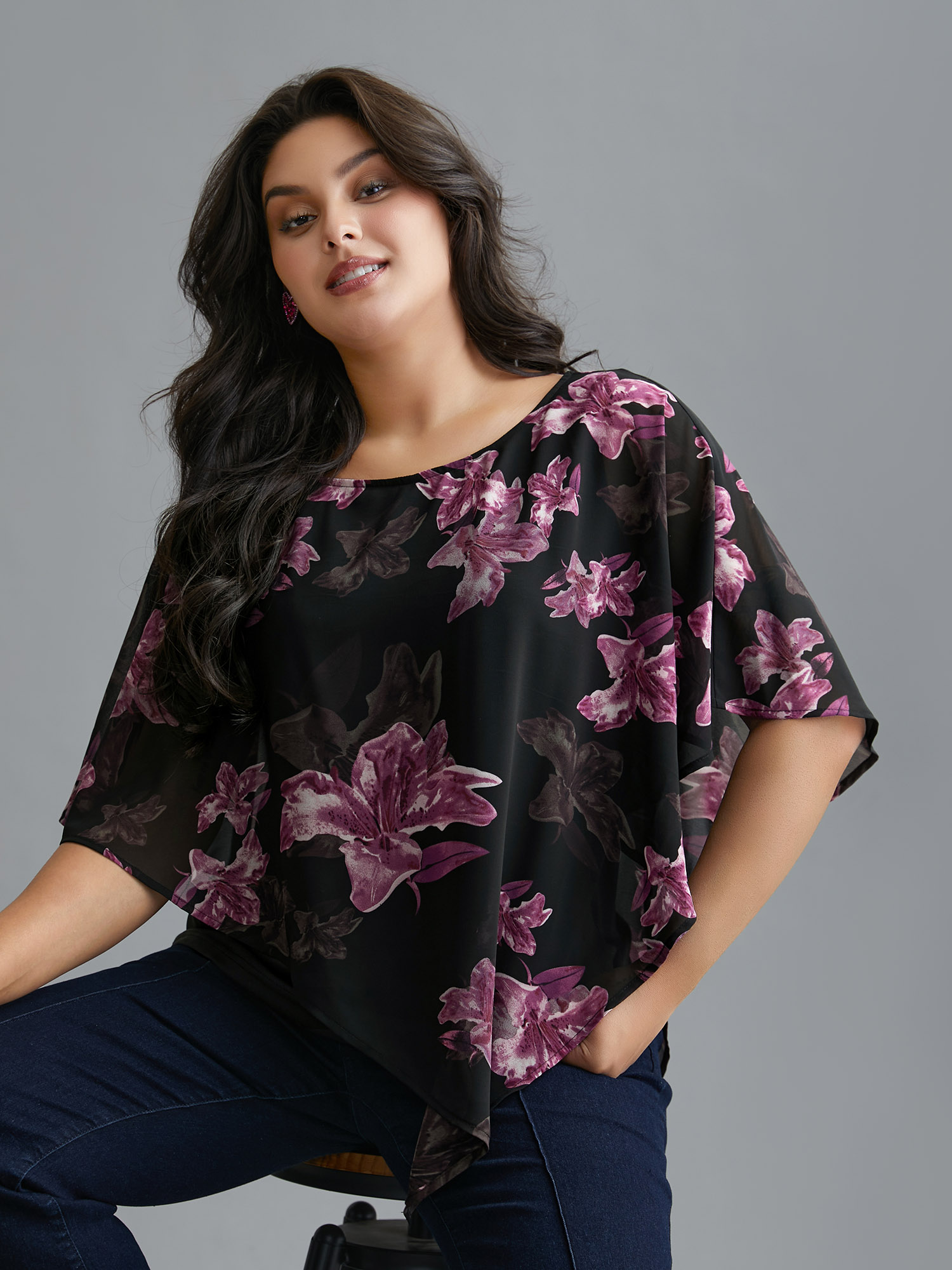 

Plus Size Black Floral Asymmetrical Sheer Dolman Sleeve Blouse Women Elegant Elbow-length sleeve Round Neck Everyday Blouses BloomChic