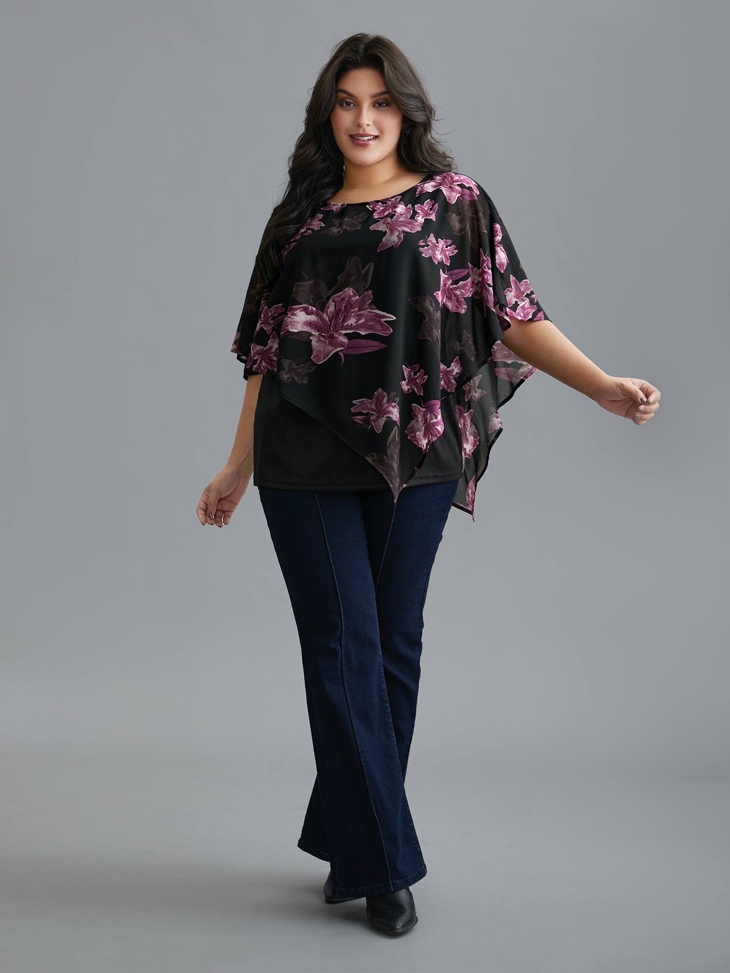 

Plus Size Black Floral Asymmetrical Sheer Dolman Sleeve Blouse Women Elegant Elbow-length sleeve Round Neck Everyday Blouses BloomChic