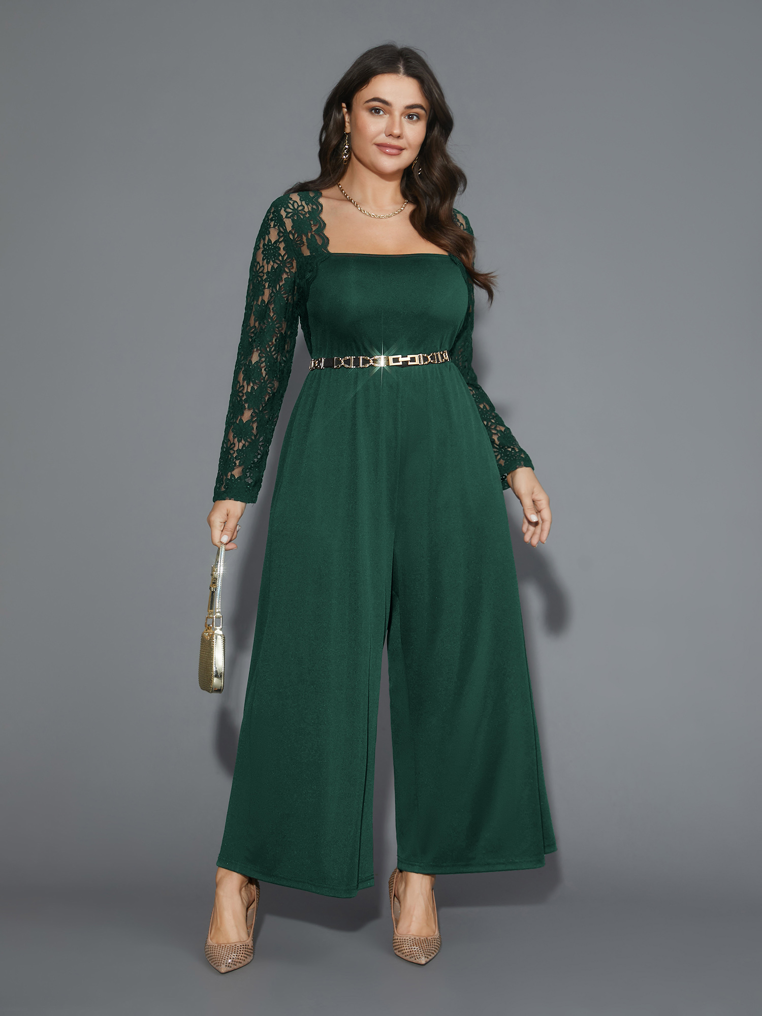 

Plus Size Truegreen Lace Mesh Sleeves Square Neck Jumpsuit Women Cocktail Long Sleeve Square Neck Party Loose Jumpsuits BloomChic