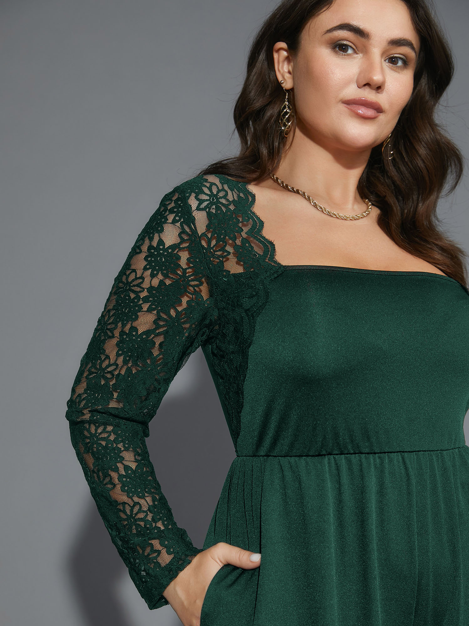 Plus Size Truegreen Lace Mesh Sleeves Square Neck Jumpsuit Women Cocktail Long Sleeve Square Neck Party Loose Jumpsuits BloomChic 10/M 