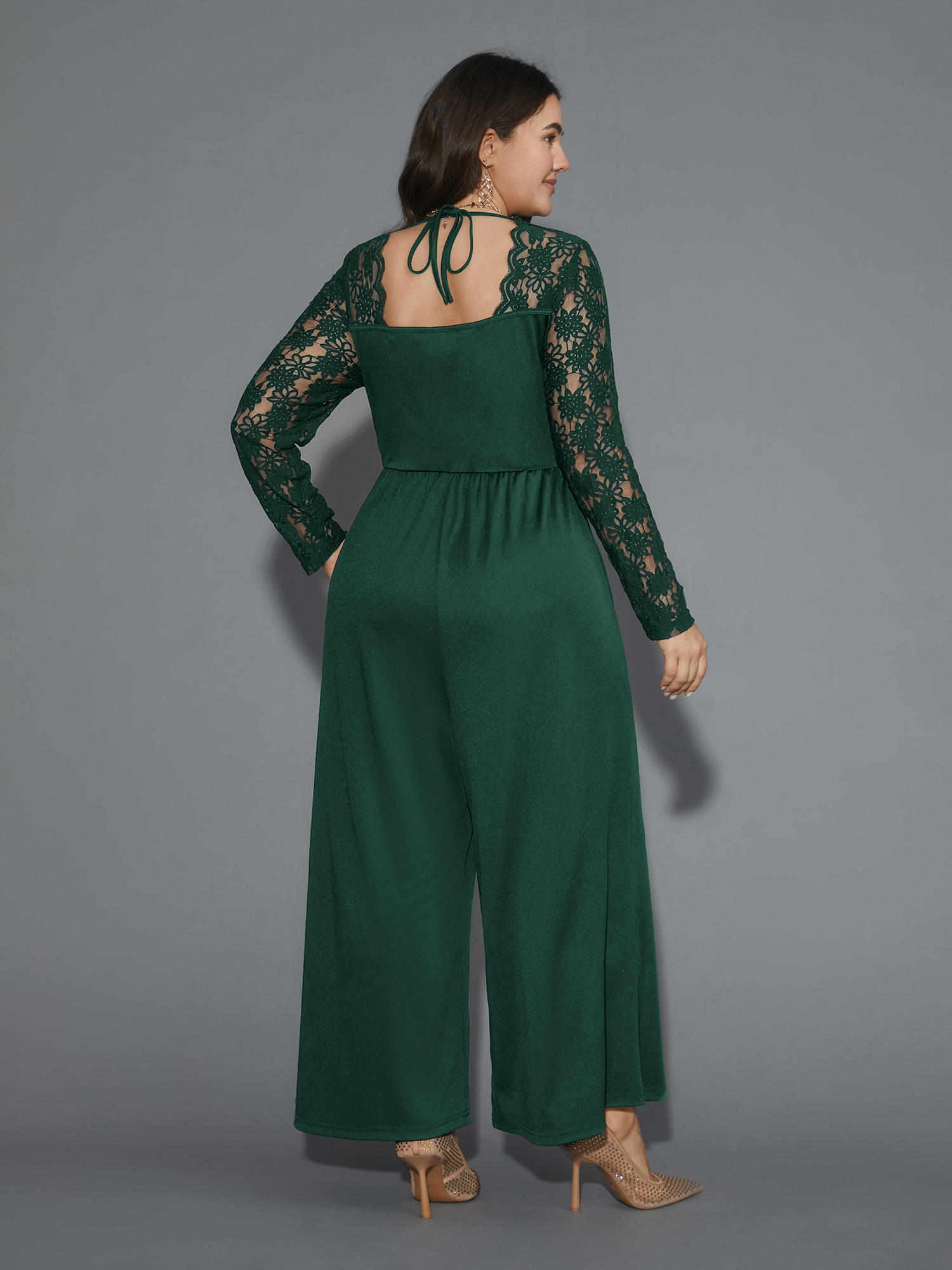 

Plus Size Truegreen Lace Mesh Sleeves Square Neck Jumpsuit Women Cocktail Long Sleeve Square Neck Party Loose Jumpsuits BloomChic