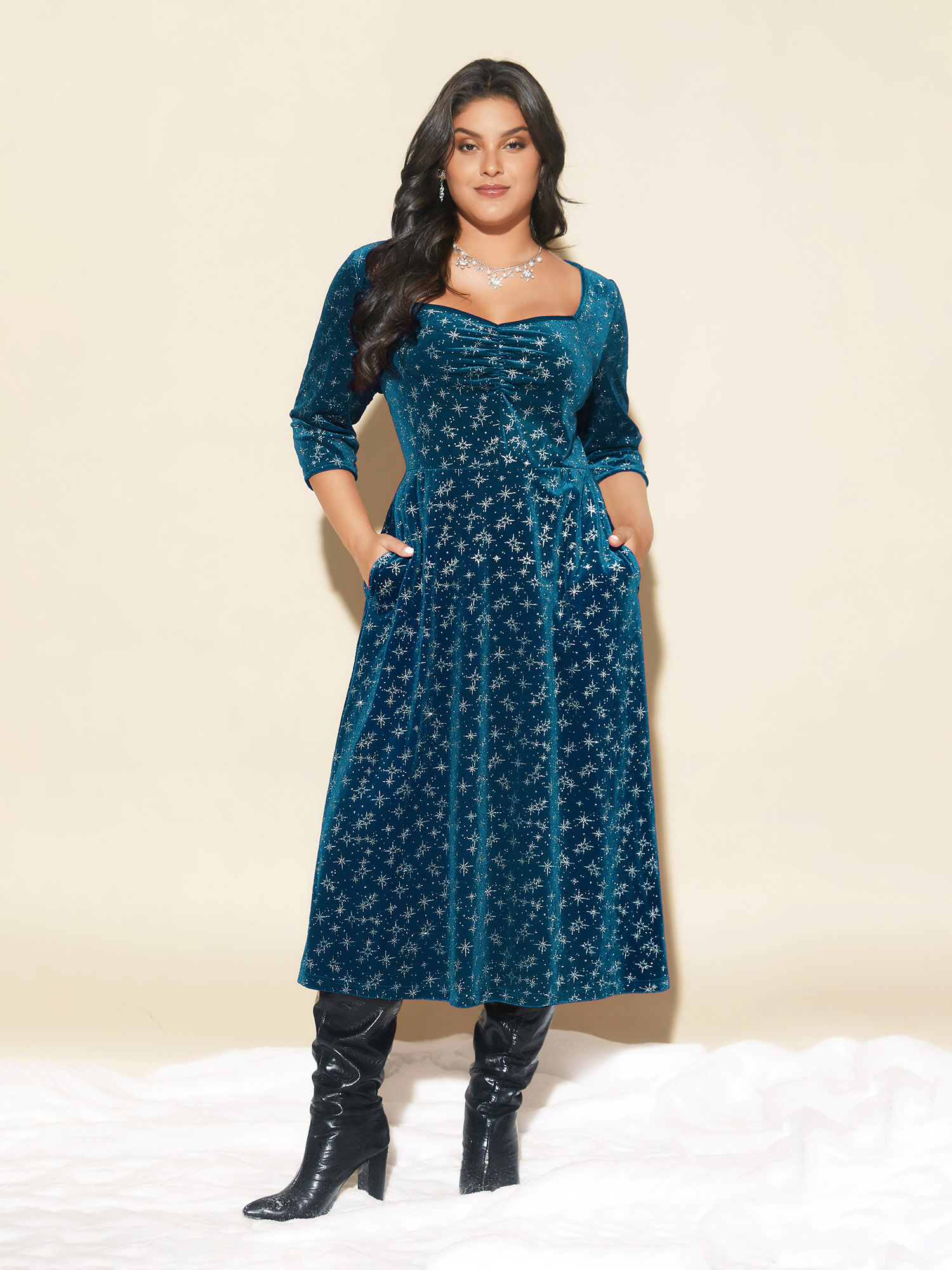 

Plus Size Gold Embossed Velvet Sweetheart Neckline Midi Dress DarkBlue Women Cocktail Texture Heart neckline Elbow-length sleeve Curvy BloomChic