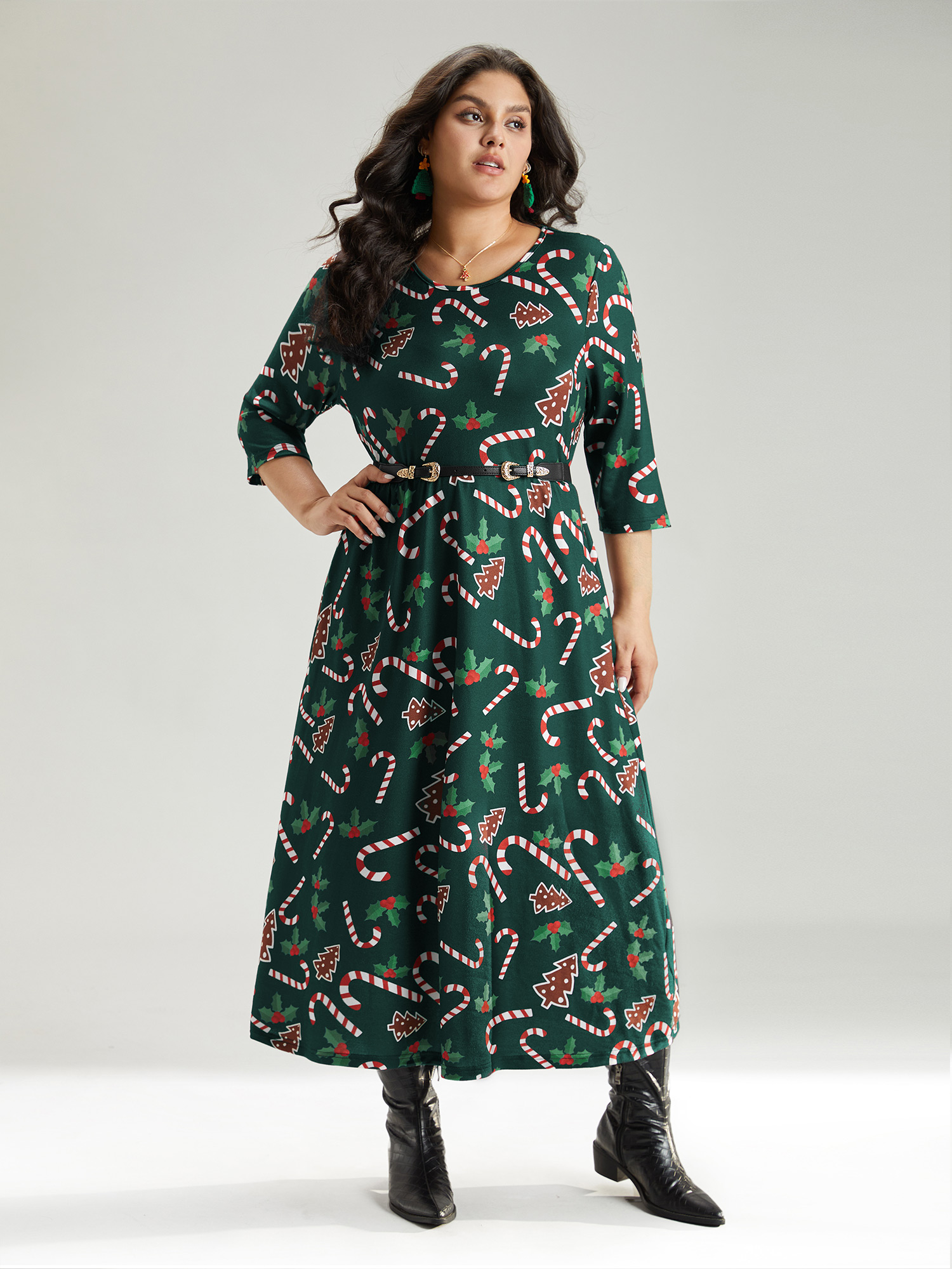 

Plus Size Christmas Print Pocket Elastic Waist Dress DarkGreen Women Casual Printed Round Neck Long Sleeve Curvy Midi Dress BloomChic