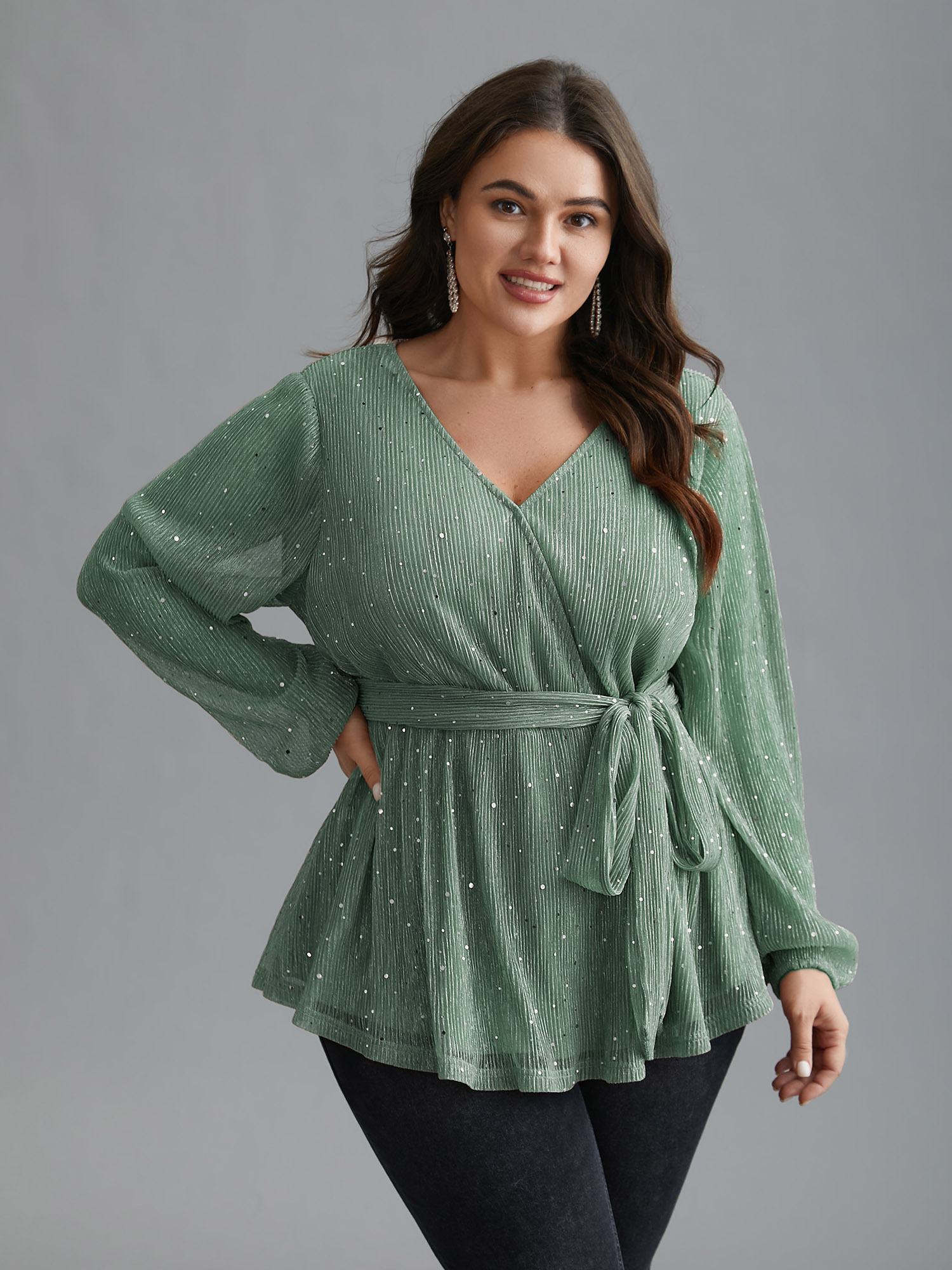 

Plus Size Aquamarine Sequin Mesh Lantern Sleeve Wrap Belted Striped Blouse Women Cocktail Long Sleeve Overlap Collar Party Blouses BloomChic