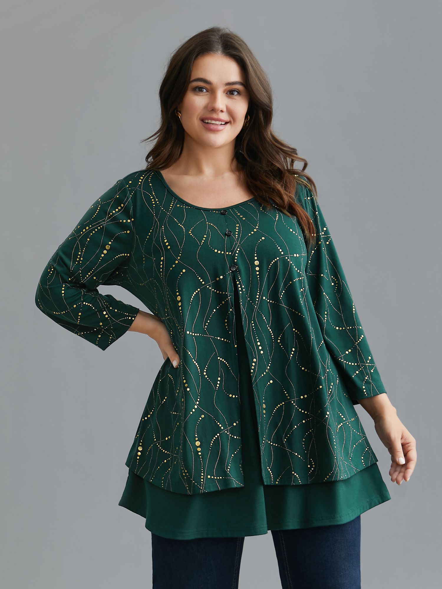 

Plus Size Glitter Irregular Hem Button Knit Shirt DarkGreen Round Neck Elbow-length sleeve Elegant Jersey Tops