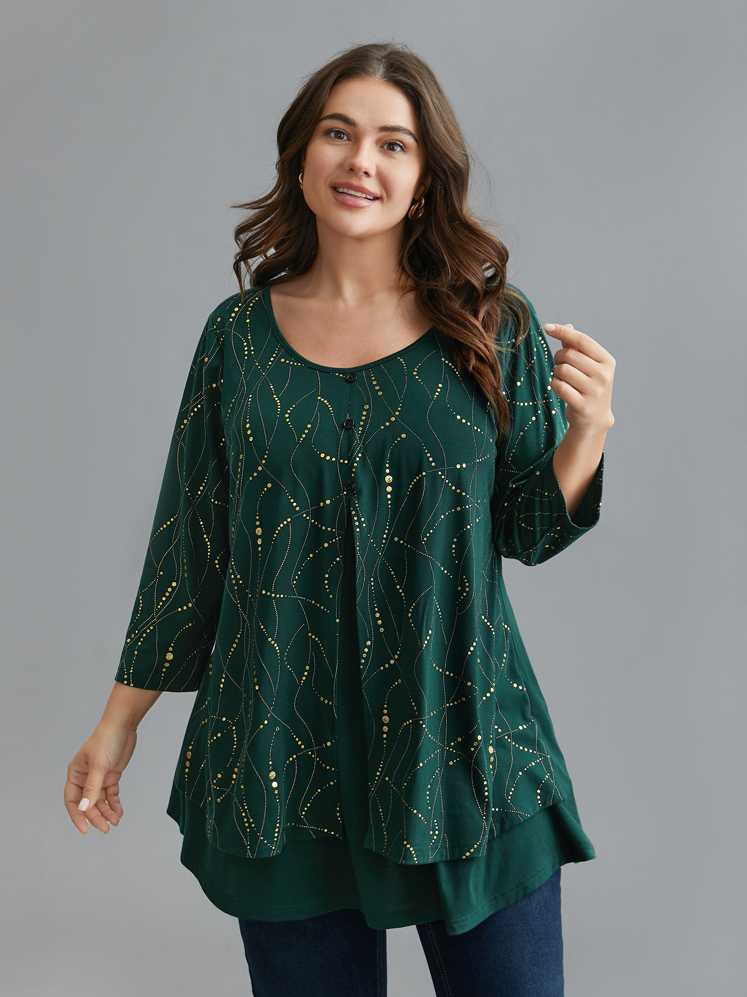 

Plus Size Glitter Irregular Hem Button Knit Shirt DarkGreen Round Neck Elbow-length sleeve Elegant Jersey Tops