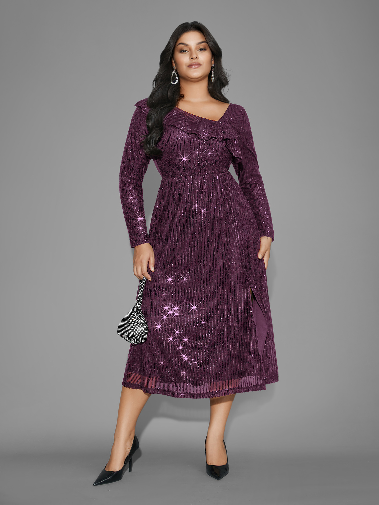 

Plus Size Sequin Mesh Asymmetrical Neck Midi Dress Deeppurplered Women Cocktail Texture Party Curvy Bloomchic