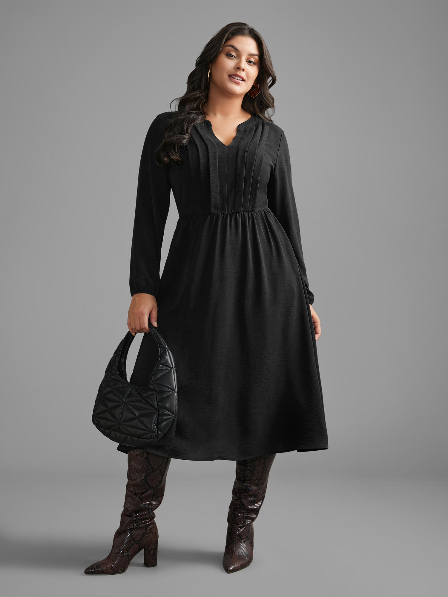 

Plus Size Plain Notched Pleated Midi Dress Black Women At the Office Pleated Flat collar Long Sleeve Curvy BloomChic