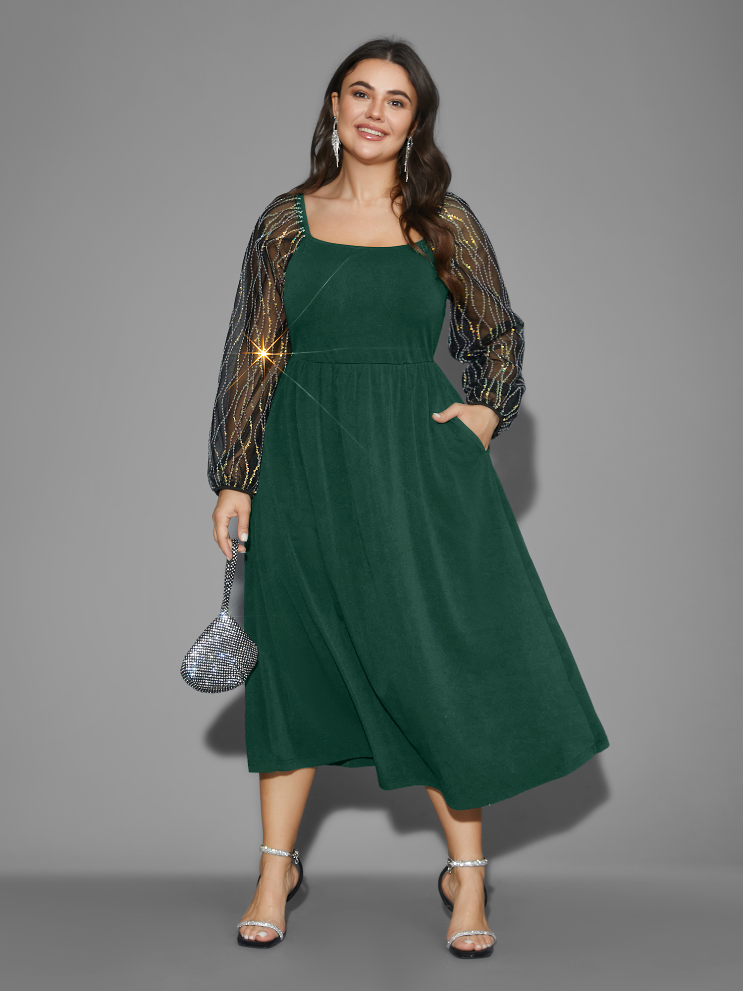 

Plus Size Square Neck Patchwork Sequin Mesh Dress DarkGreen Women Cocktail Texture Party Curvy Bloomchic