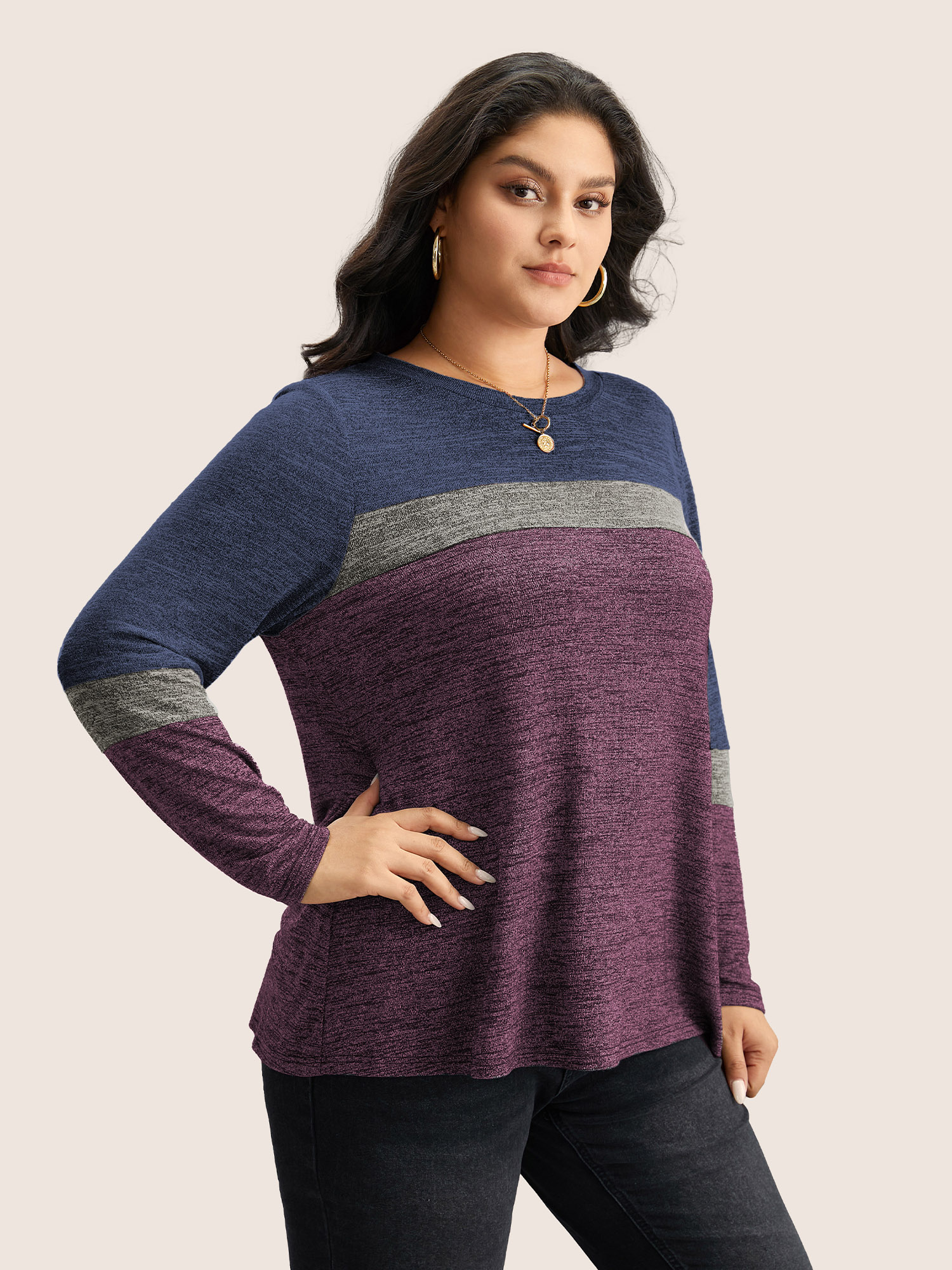 

Plus Size Heather Colorblock Contrast Crew Neck T-shirt Deeppurplered Women Casual Texture Plain Round Neck Everyday T-shirts BloomChic