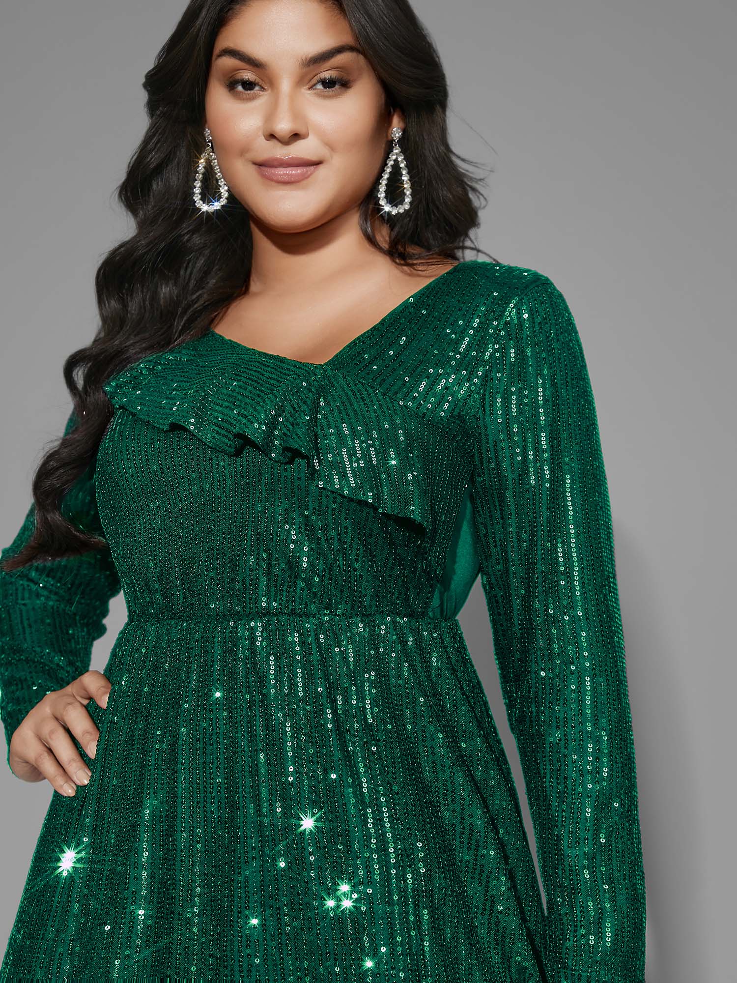 

Plus Size Sequin Mesh Asymmetrical Neck Midi Dress DarkGreen Women Cocktail Texture Party Curvy Bloomchic