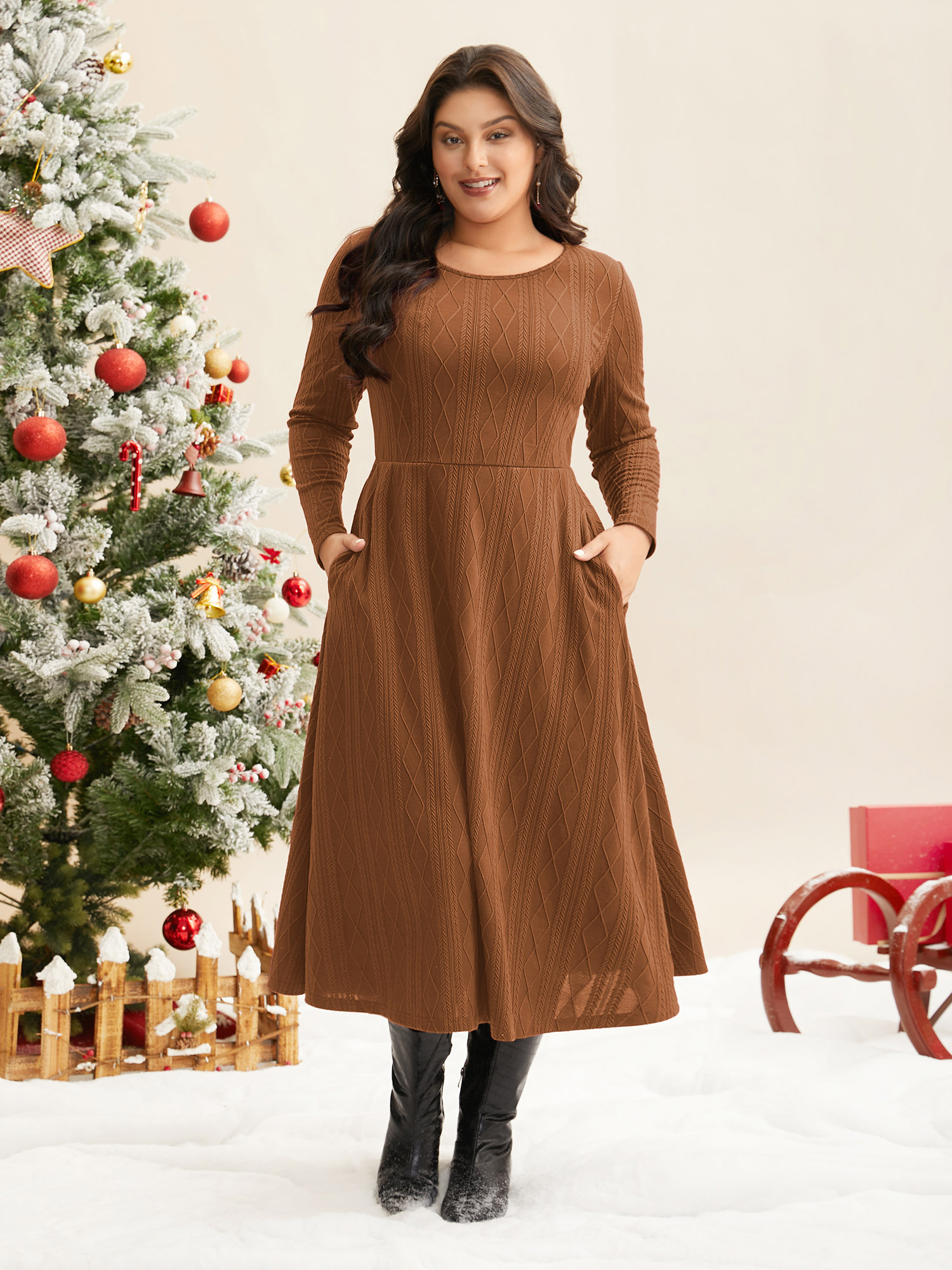 

Plus Size Textured Knit Fit-And-Flare Midi Dress LightBrown Women Casual Texture Round Neck Long Sleeve Curvy BloomChic