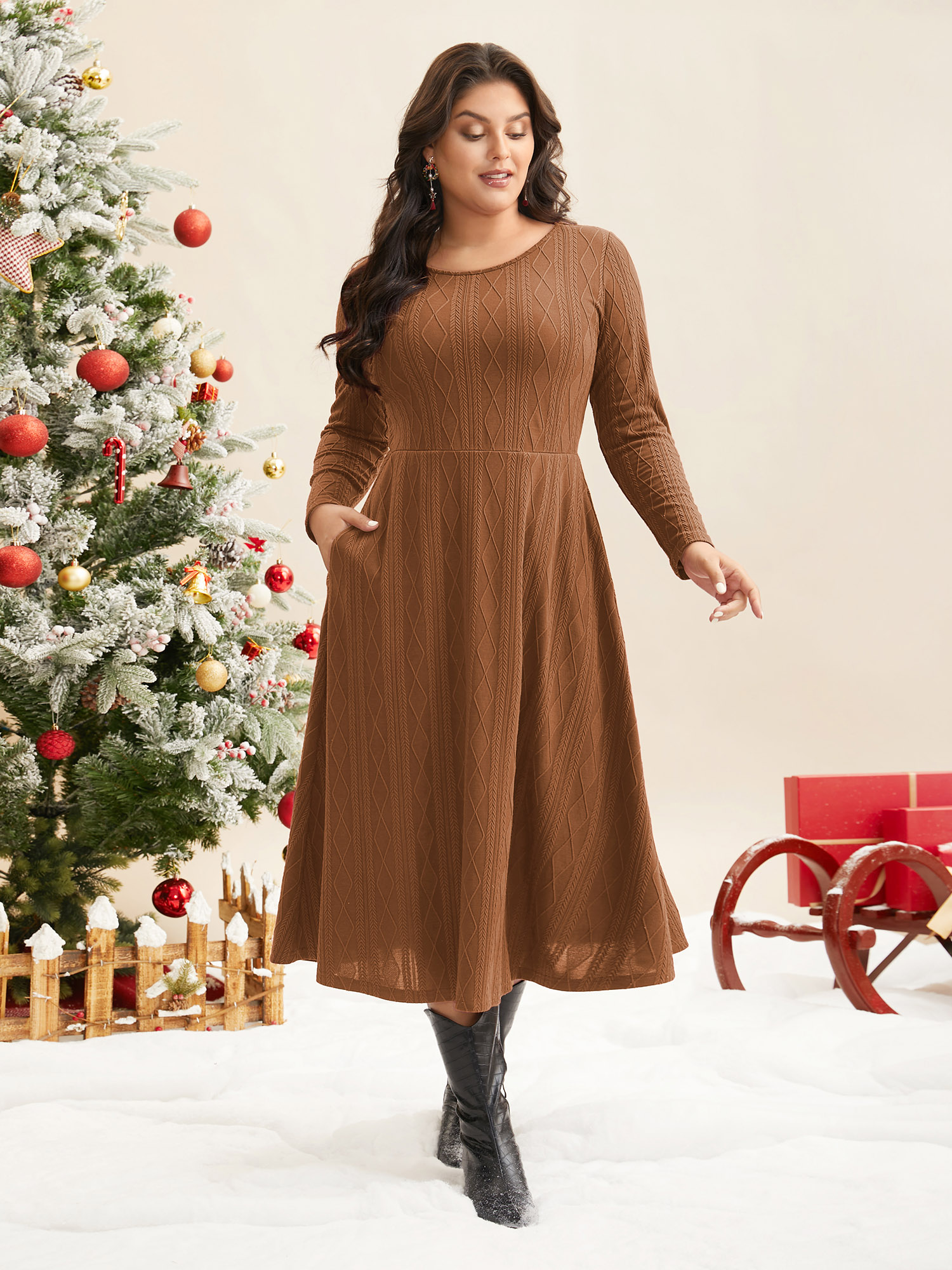 

Plus Size Textured Knit Fit-And-Flare Midi Dress LightBrown Women Casual Texture Round Neck Long Sleeve Curvy BloomChic