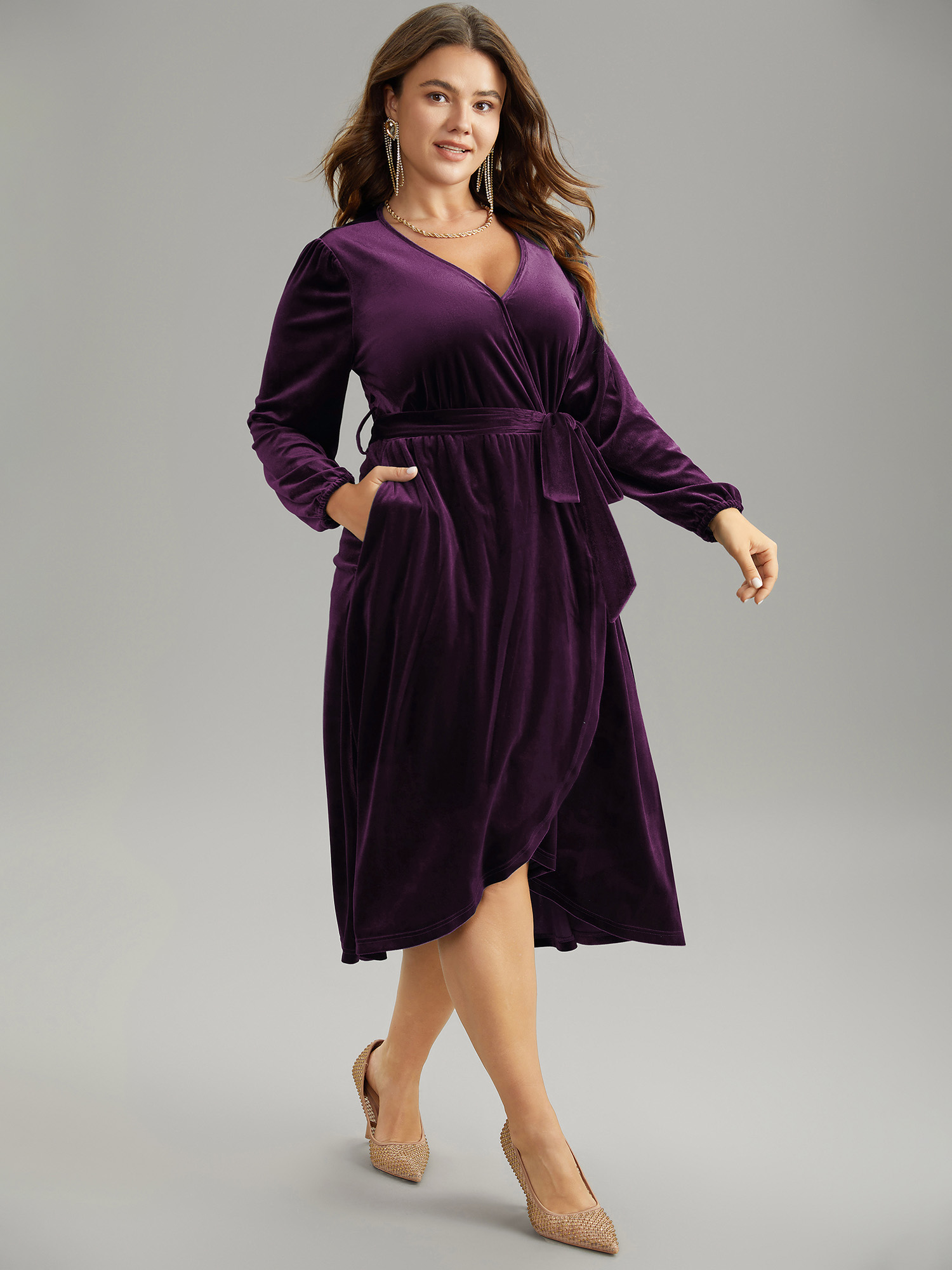 

Plus Size Solid Velvet Belted Wrap Arc Hem Dress Deeppurplered Women Elegant Elastic cuffs Overlap Collar Long Sleeve Curvy Midi Dress BloomChic