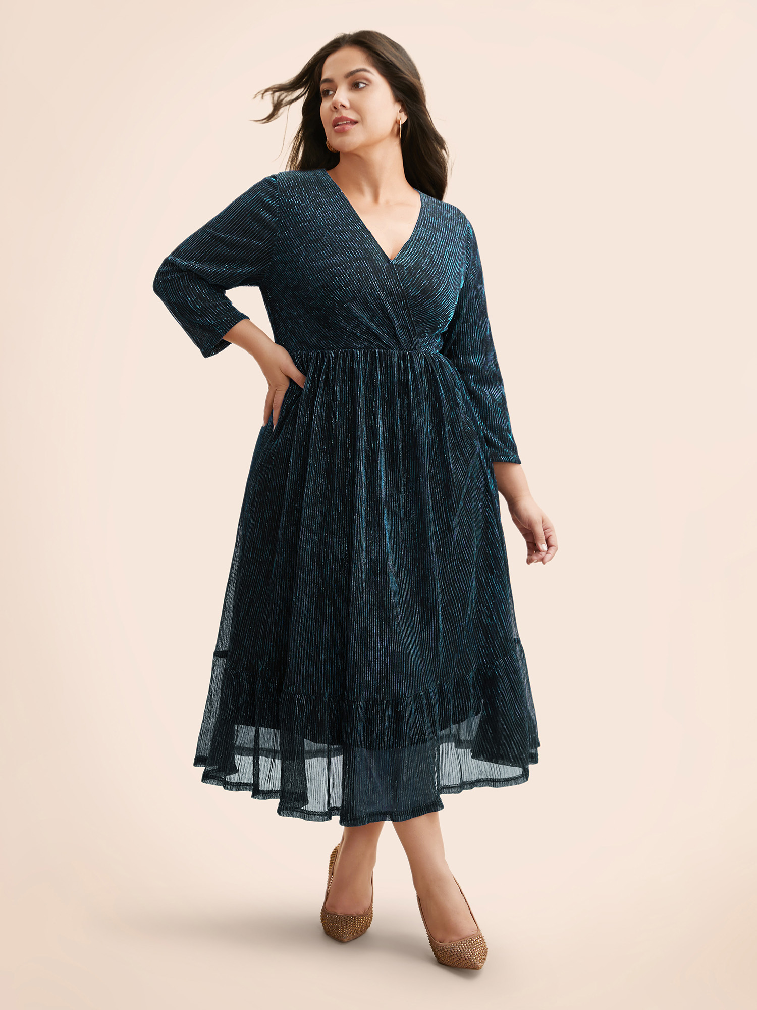 

Plus Size Luxe Mesh Pleated Elastic Waist Wrap Dress DarkBlue Women Party Texture Overlap Collar Elbow-length sleeve Curvy Midi Dress BloomChic