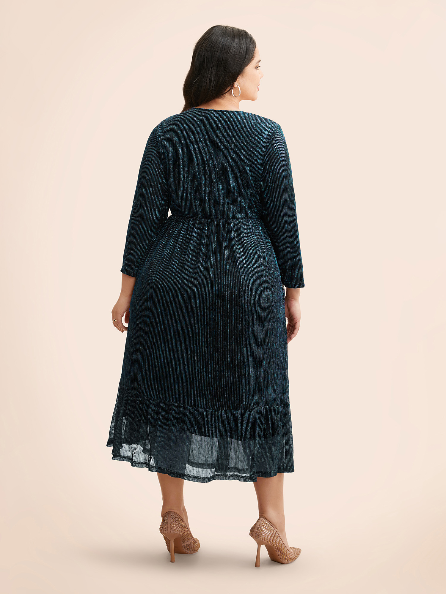 

Plus Size Luxe Mesh Pleated Elastic Waist Wrap Dress DarkBlue Women Party Texture Overlap Collar Elbow-length sleeve Curvy Midi Dress BloomChic