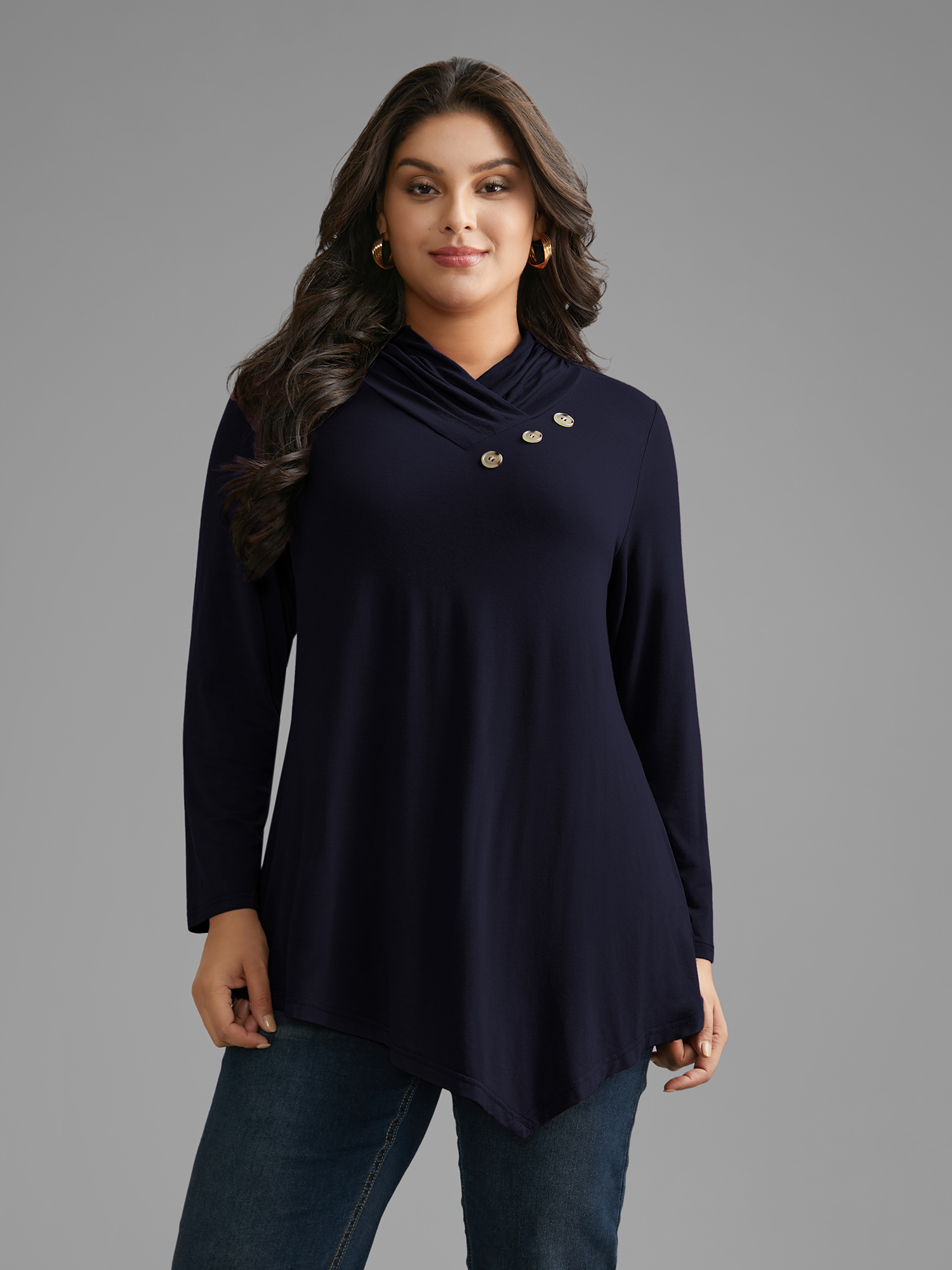 

Plus Size Solid Button Detail Asymmetrical Hem Jersey Top Indigo Overlap Collar Long Sleeve Elegant Jersey Tops