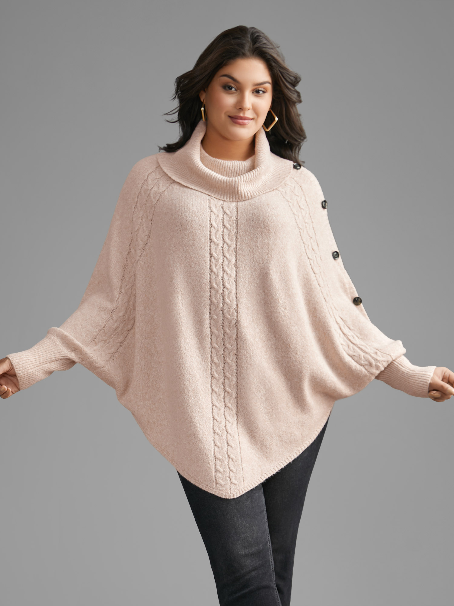 

Plus Size Turtleneck Cable Knit Asymmetrical Hem Pullover Nudepink Women Casual Loose Long Sleeve Ruffled collar Everyday Pullovers BloomChic