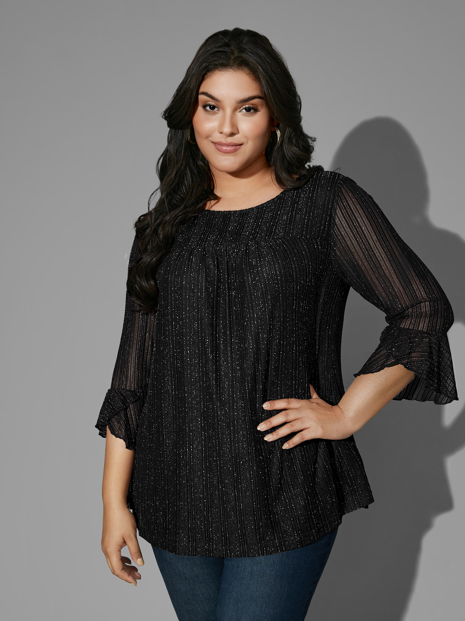 

Plus Size Glitter Gathered Patchwork Ruffles Top Black Square Neck Elbow-length sleeve Cocktail Jersey Tops