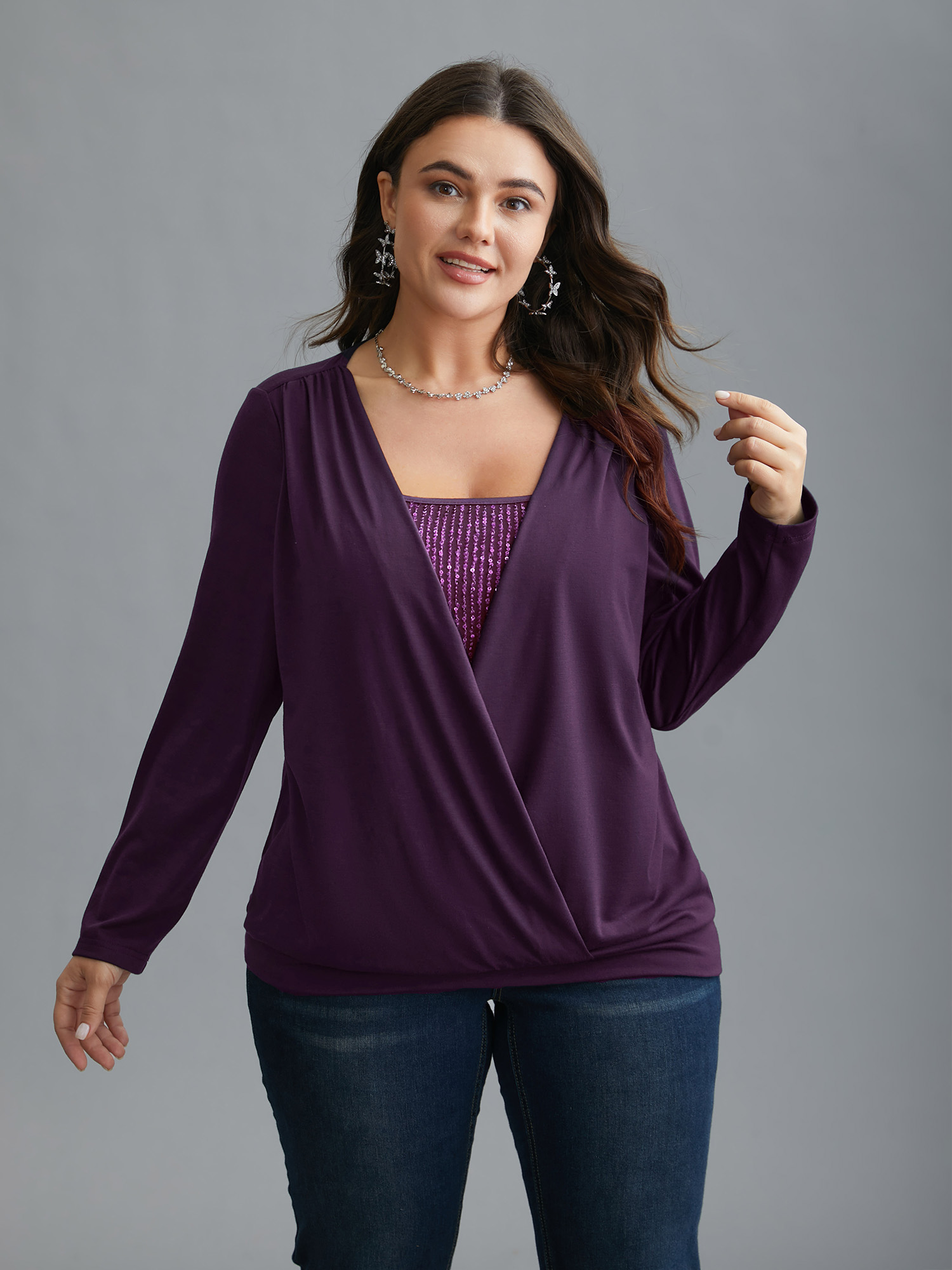 

Plus Size Wrap Design Sequin Knit Top Eggplant Round Neck Long Sleeve Cocktail Jersey Tops