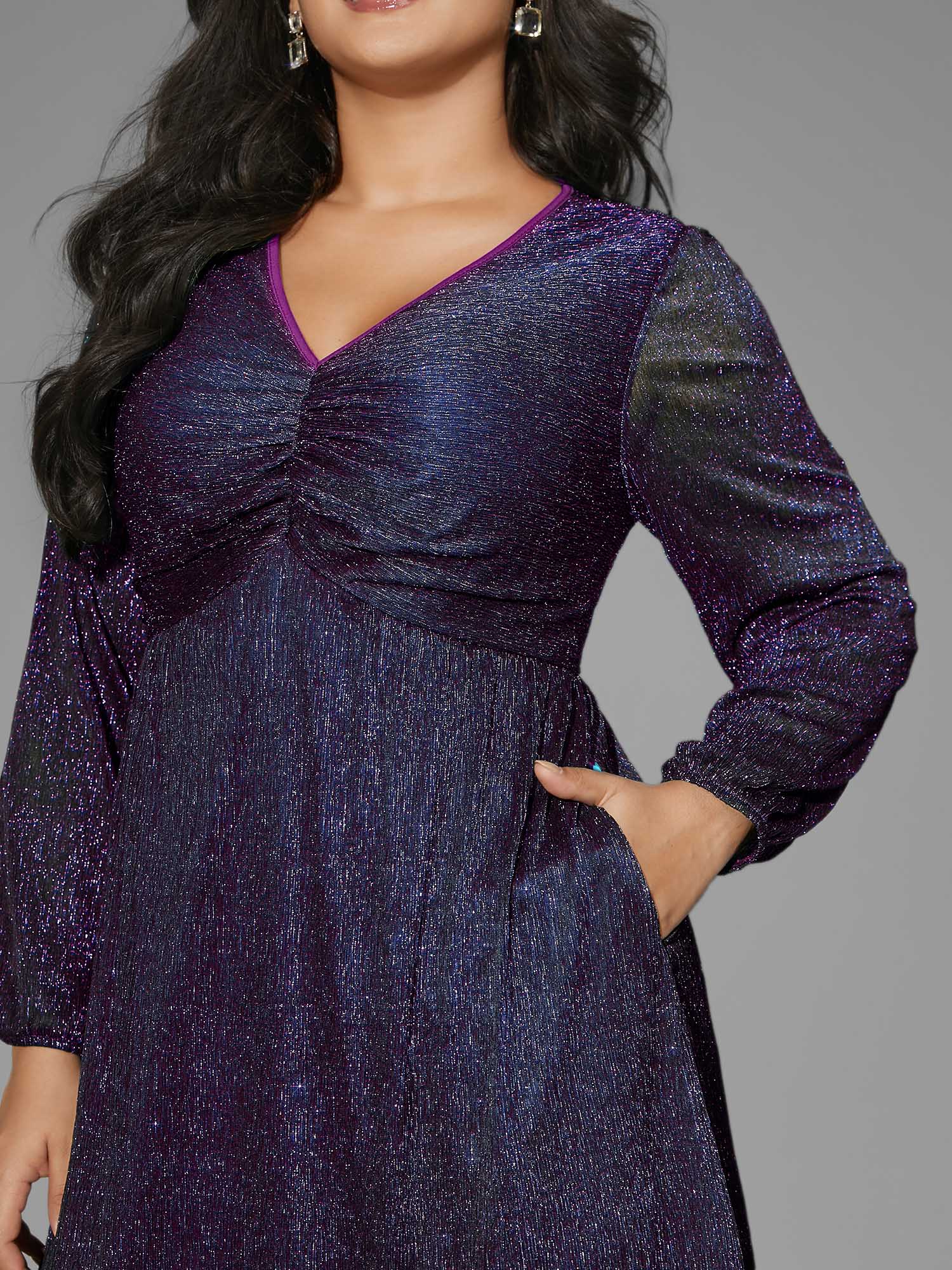 

Plus Size Luxe V Neck Ruched Mesh Dress Deeppurple Women Cocktail Gathered Party Curvy Bloomchic