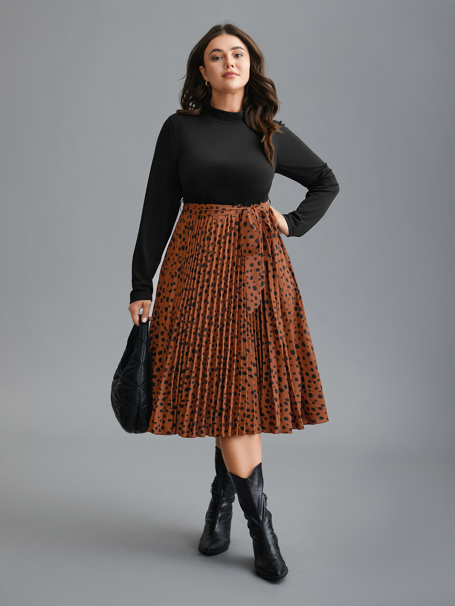 

Plus Size Leopard Print Pleated Mock Neck Midi Dress Russet Women At the Office Belted Mock Neck Long Sleeve Curvy BloomChic