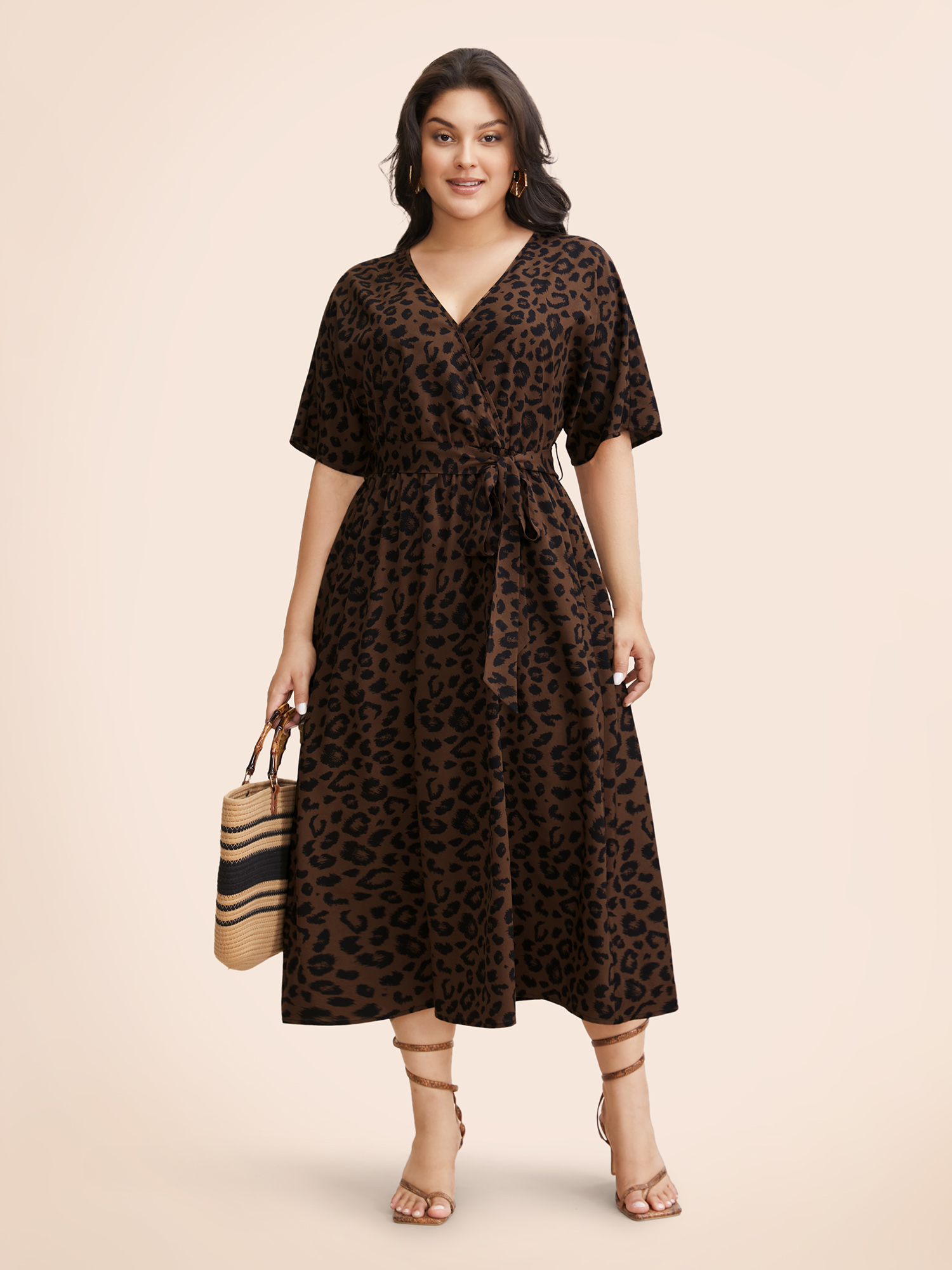 

Plus Size Leopard Print Split Front Dolman Sleeve Dress Browncoffeecolor Women Elegant Belted Overlap Collar Half Sleeve Curvy BloomChic