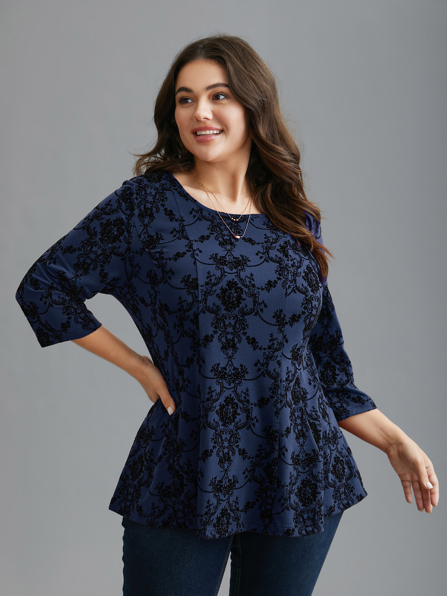 

Plus Size Boho Print Flocking Knit Slim-Fit Top Indigo Round Neck Elbow-length sleeve Elegant Jersey Tops