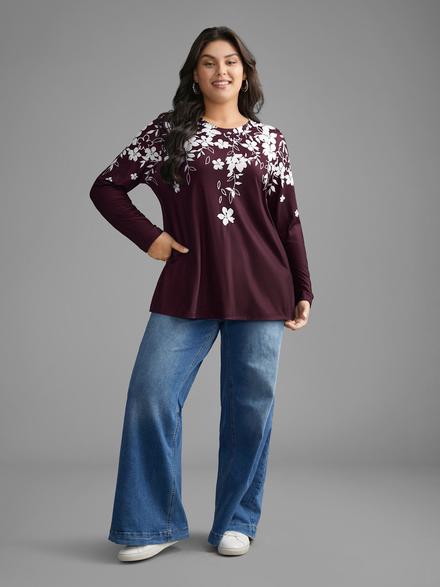 Plus Size Round Neck Boho Print T-shirt Burgundy Women Casual Contrast Natural Flowers Round Neck Everyday T-shirts BloomChic 22-24/3X 