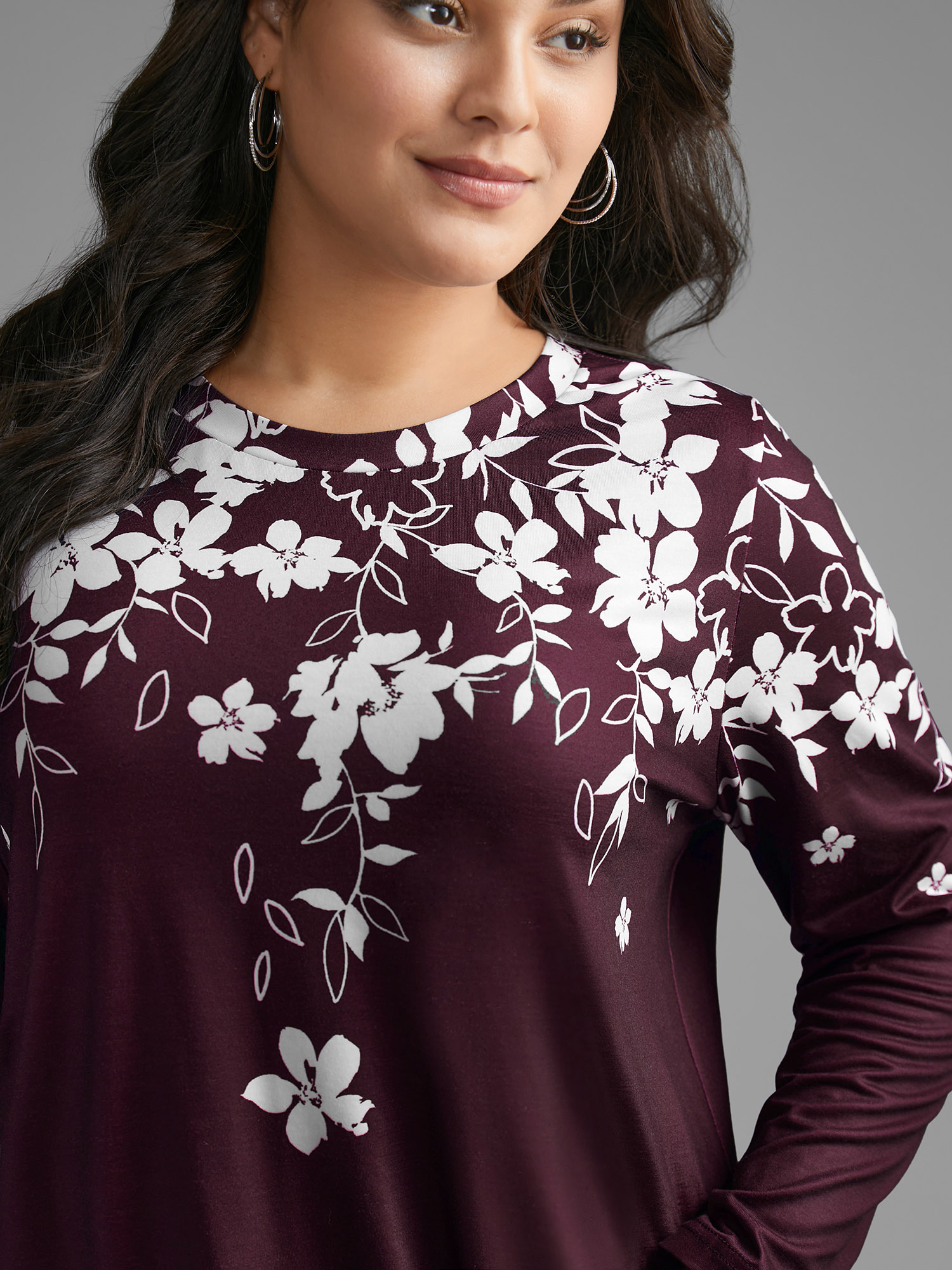 Plus Size Round Neck Boho Print T-shirt Burgundy Women Casual Contrast Natural Flowers Round Neck Everyday T-shirts BloomChic 22-24/3X 