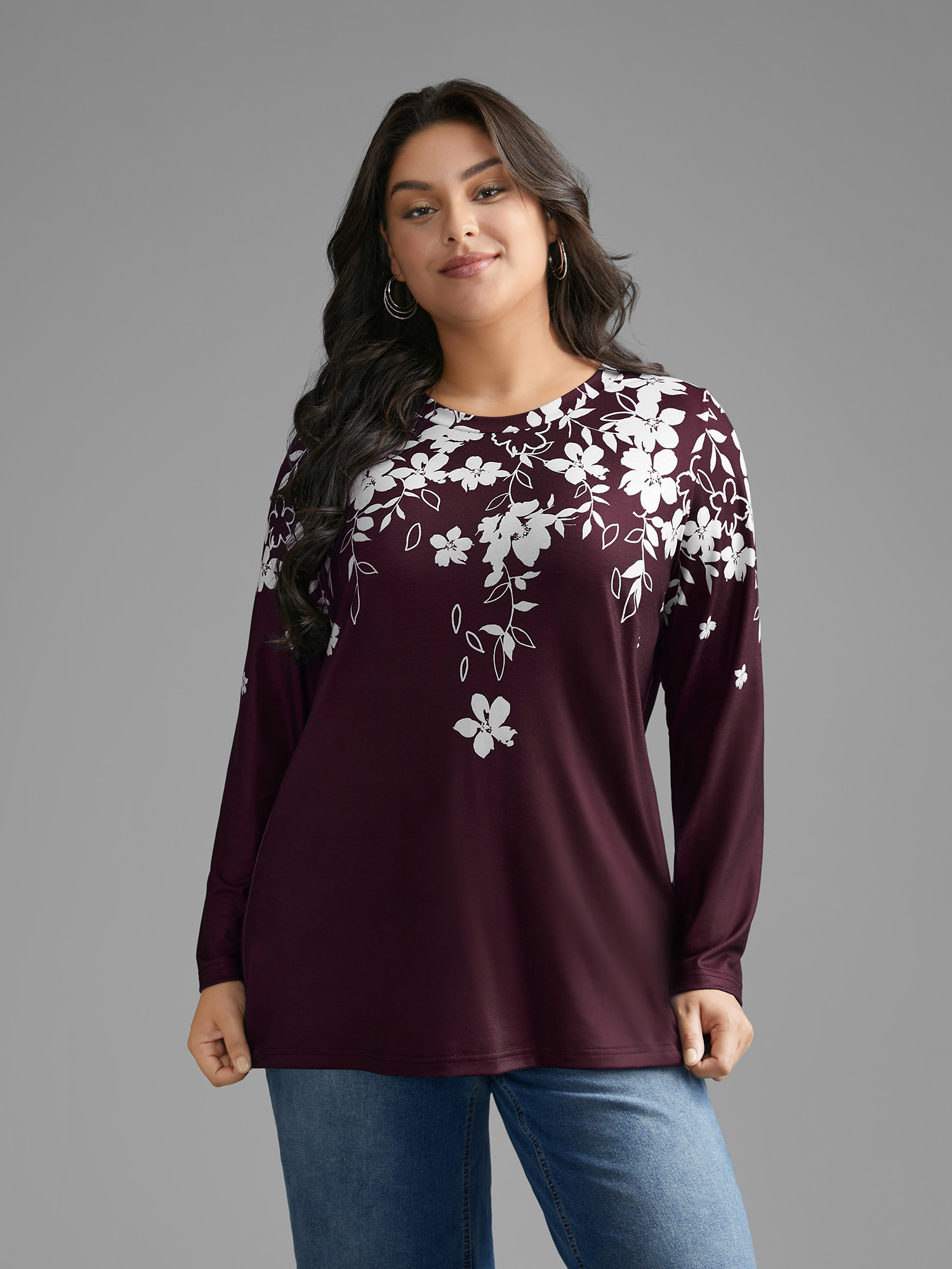 

Plus Size Round Neck Boho Print T-shirt Burgundy Women Casual Contrast Natural Flowers Round Neck Everyday T-shirts BloomChic