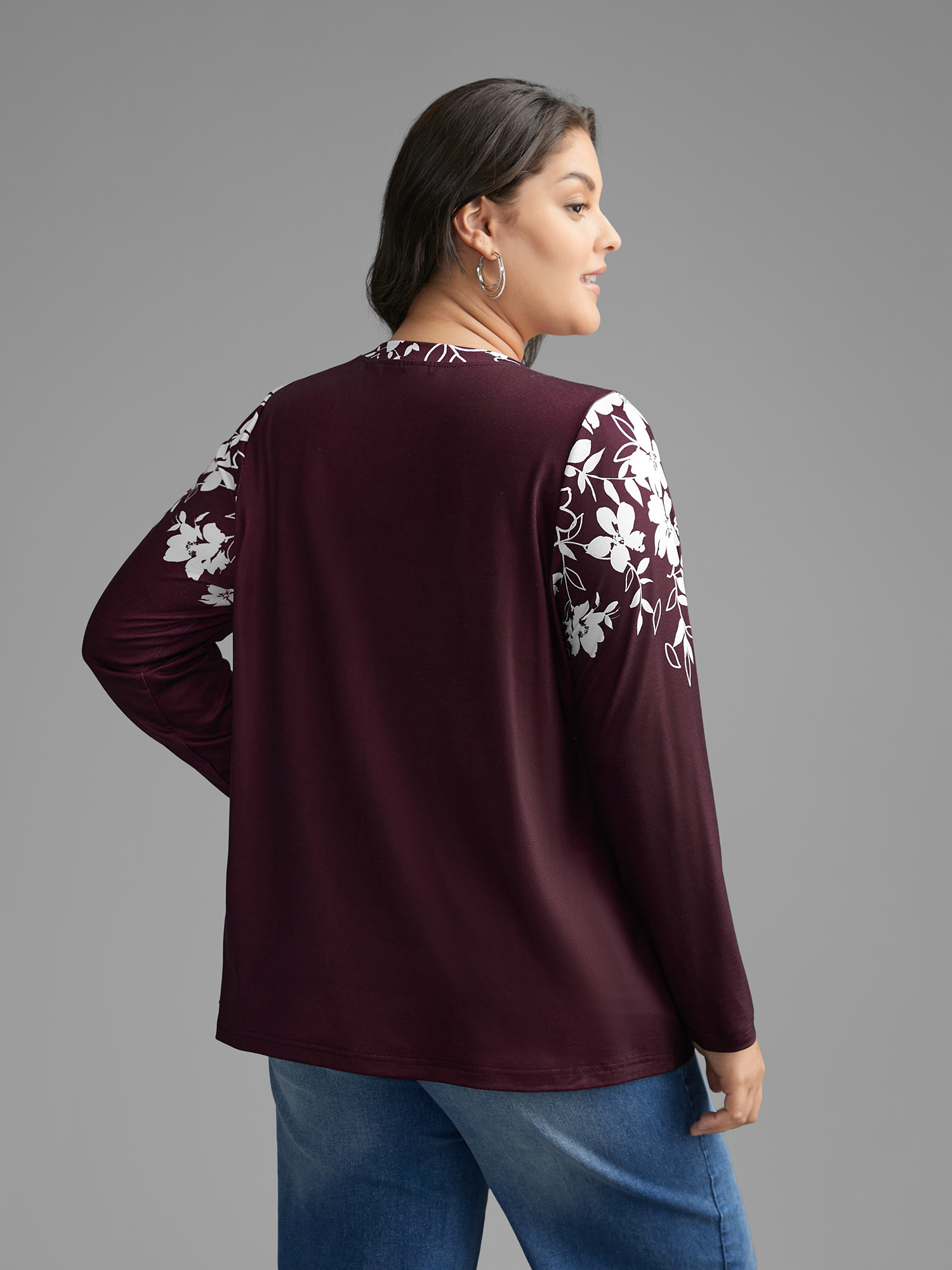 Plus Size Round Neck Boho Print T-shirt Burgundy Women Casual Contrast Natural Flowers Round Neck Everyday T-shirts BloomChic 22-24/3X 