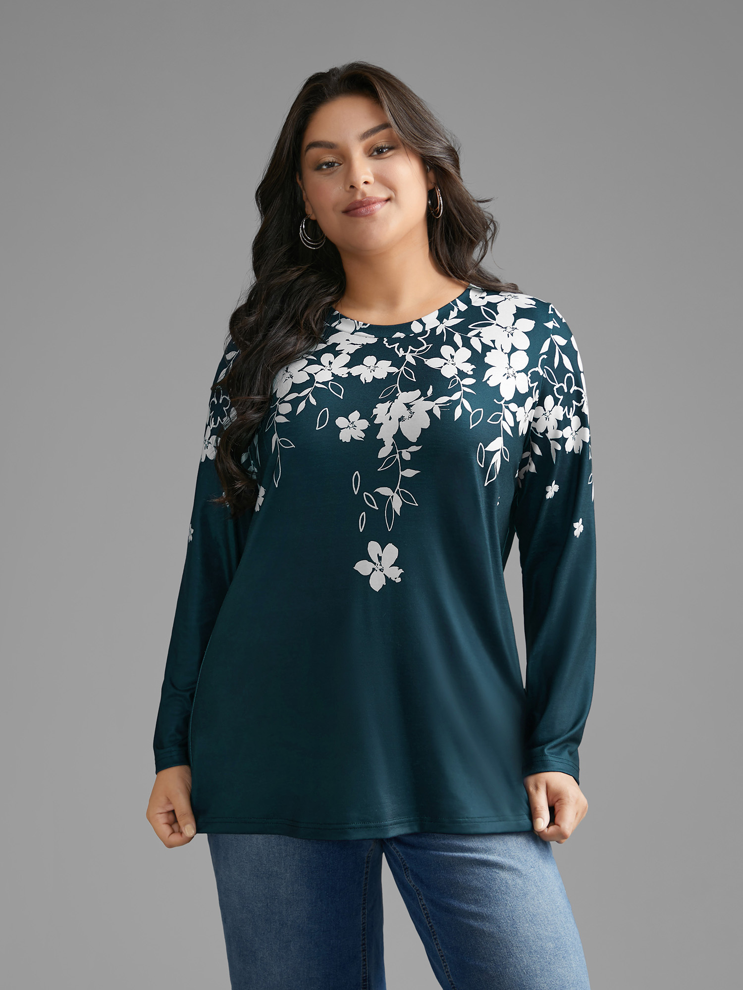 

Plus Size Round Neck Boho Print T-shirt Cyan Women Casual Contrast Natural Flowers Round Neck Everyday T-shirts BloomChic