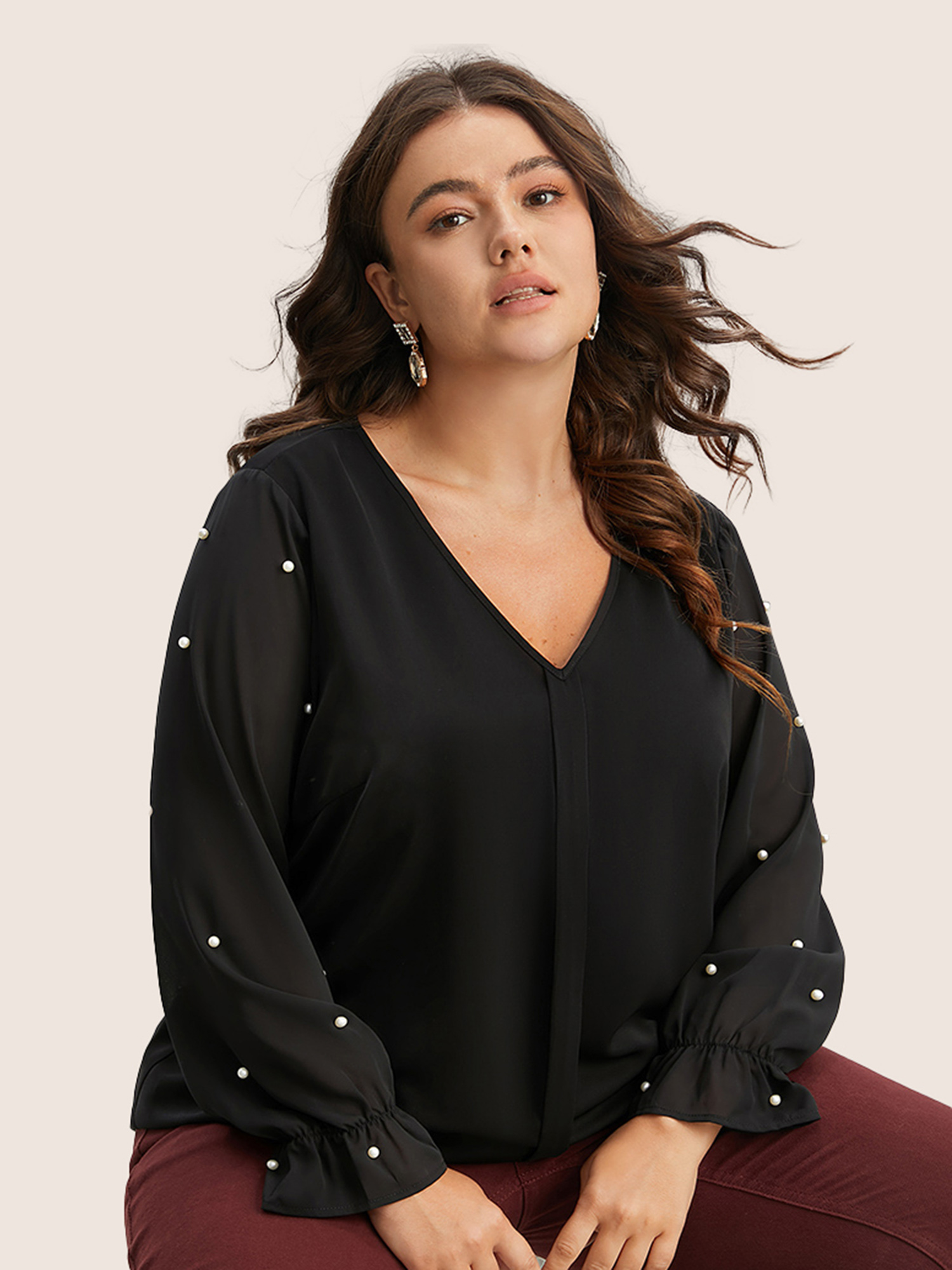 Plus Size Black Pearl Beaded Mesh Patchwork Ruffles Blouse Women Cocktail Long Sleeve V-neck Party Blouses BloomChic 22-24/3X 