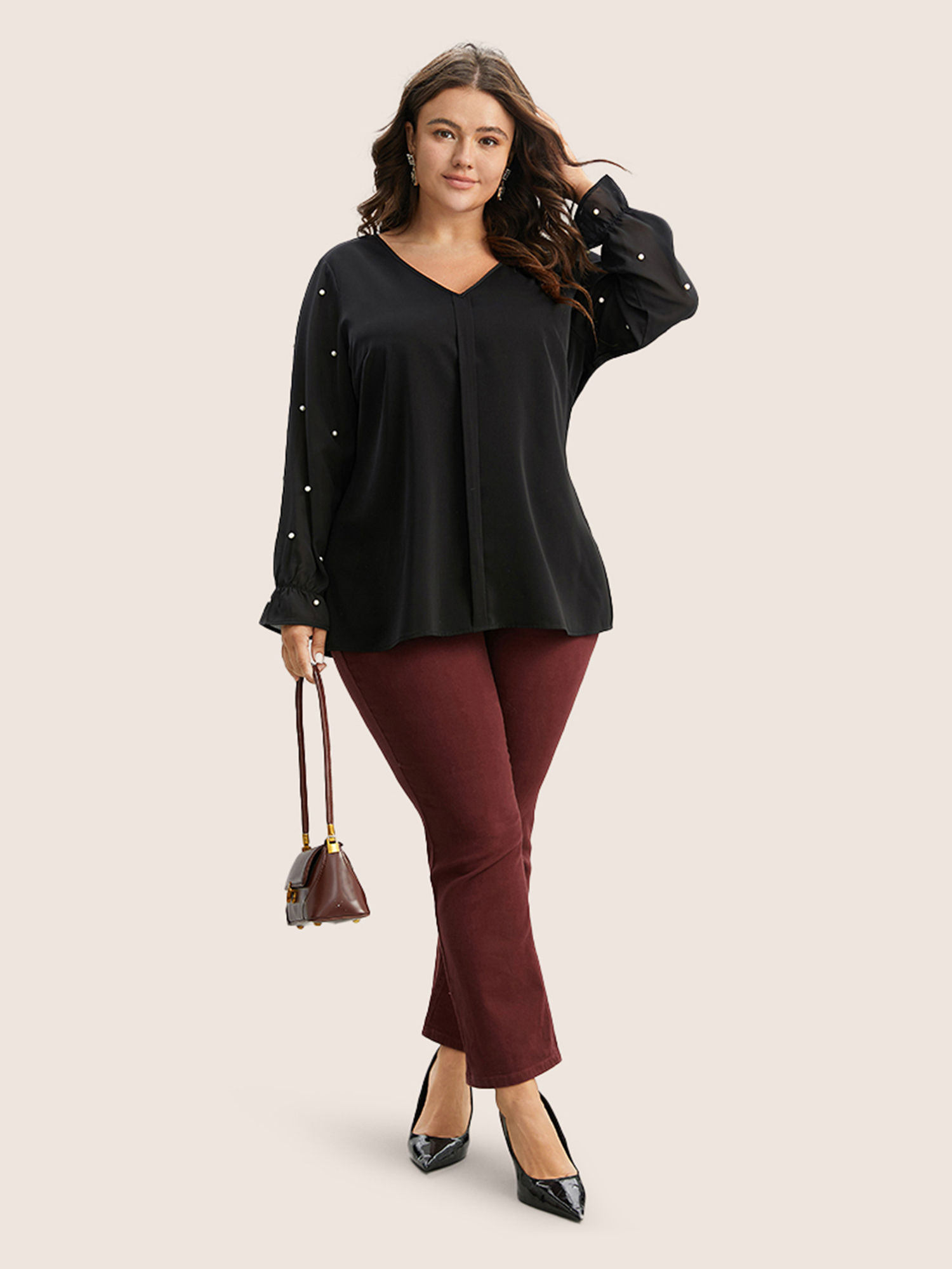 Plus Size Black Pearl Beaded Mesh Patchwork Ruffles Blouse Women Cocktail Long Sleeve V-neck Party Blouses BloomChic 22-24/3X 