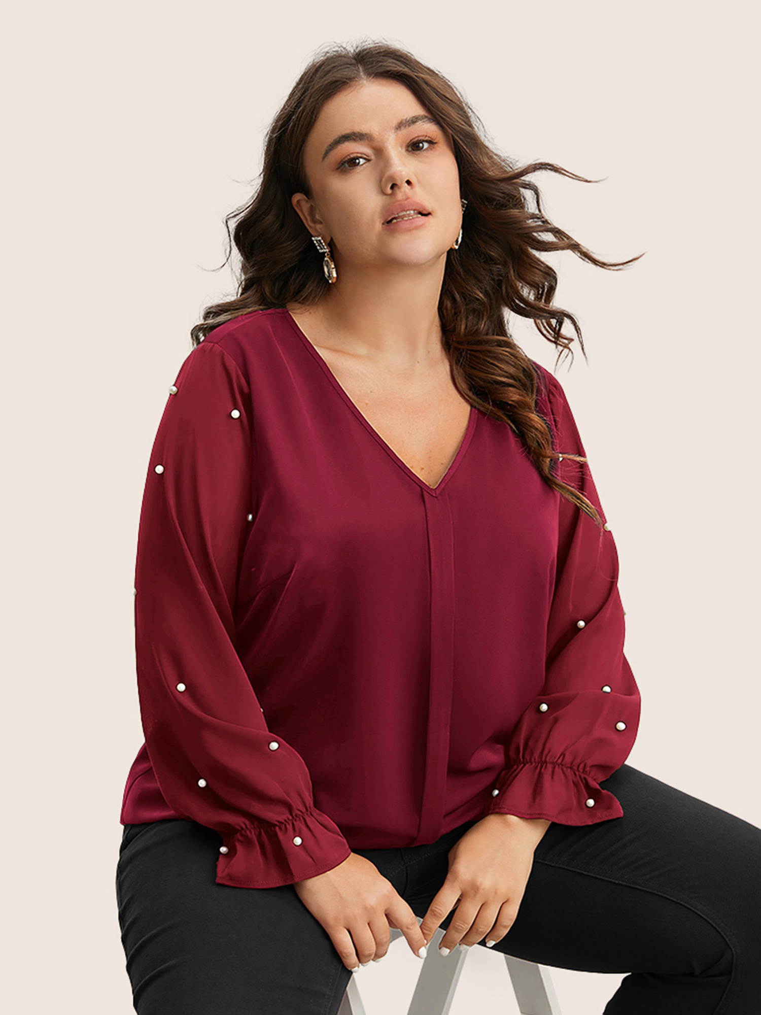 Plus Size Scarlet Pearl Beaded Mesh Patchwork Ruffles Blouse Women Cocktail Long Sleeve V-neck Party Blouses BloomChic 12/L 