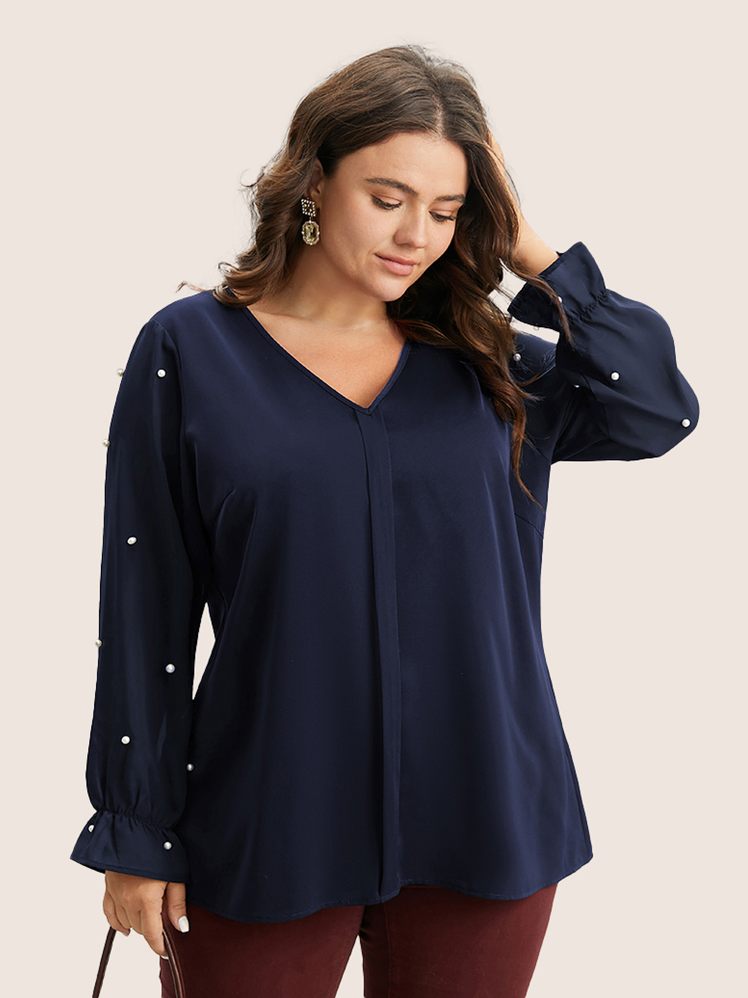 

Plus Size Indigo Pearl Beaded Mesh Patchwork Ruffles Blouse Women Cocktail Long Sleeve V-neck Party Blouses BloomChic